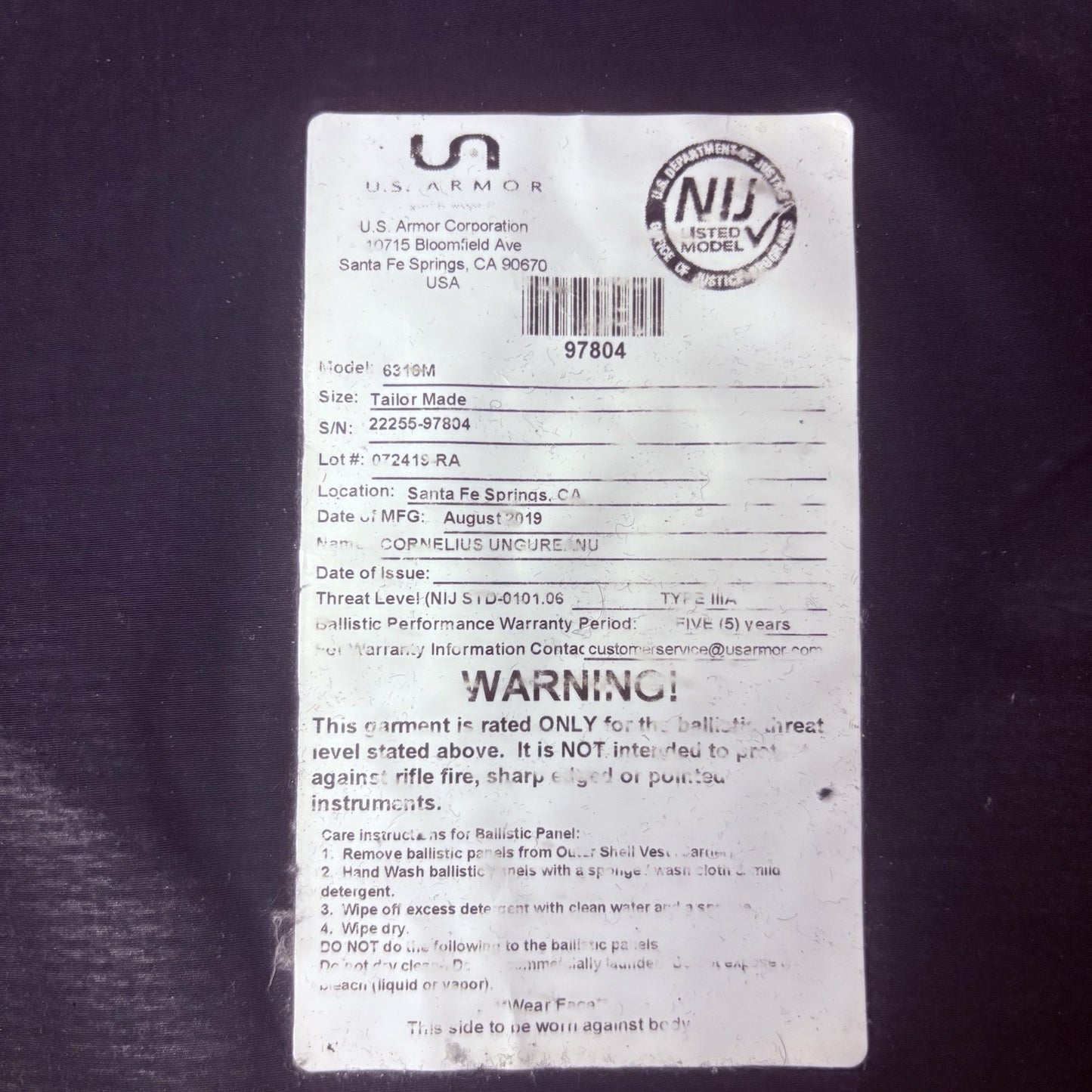 US Armor IIIA (3A) Bullet Proof Concealable Vest -Size Large- 201915