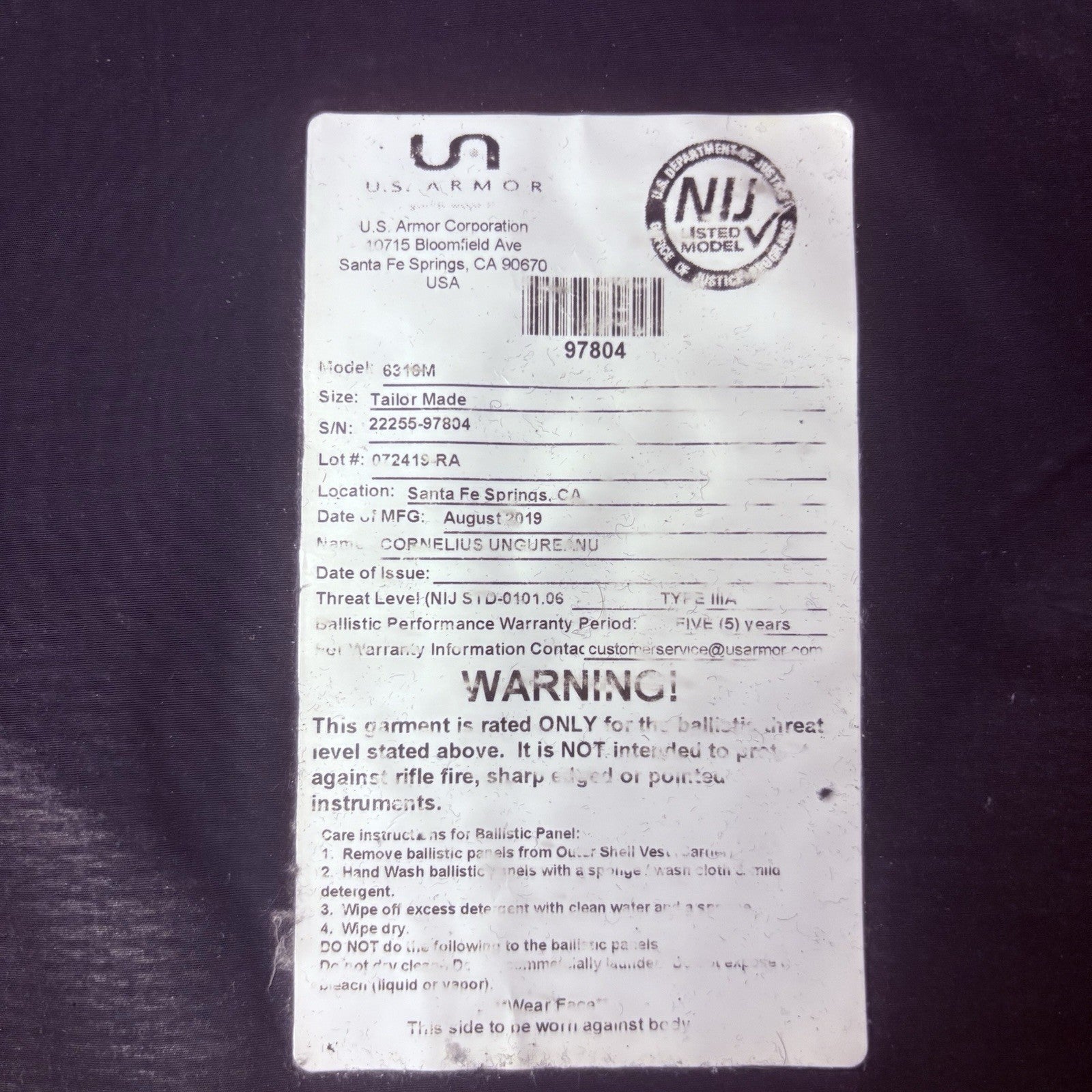 US Armor IIIA (3A) Bullet Proof Concealable Vest -Size Large- 201915