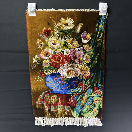 Persian Pictorial Rug Flower Hand Knotted 13”x19”, 33X48cm w/Rug Hangers0