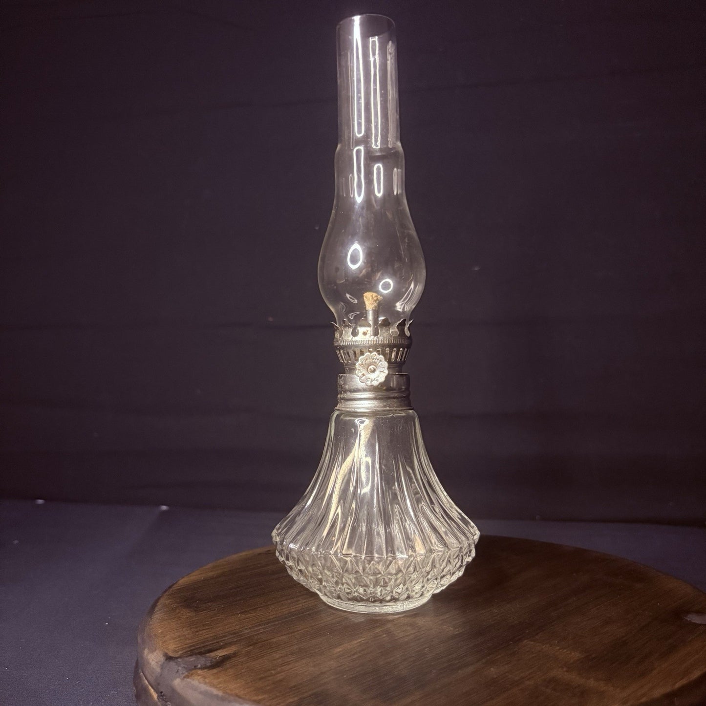 Vintage Miniature Hurricane Oil Lamp Lamplight Long Chimney, Diamond Cut Base10