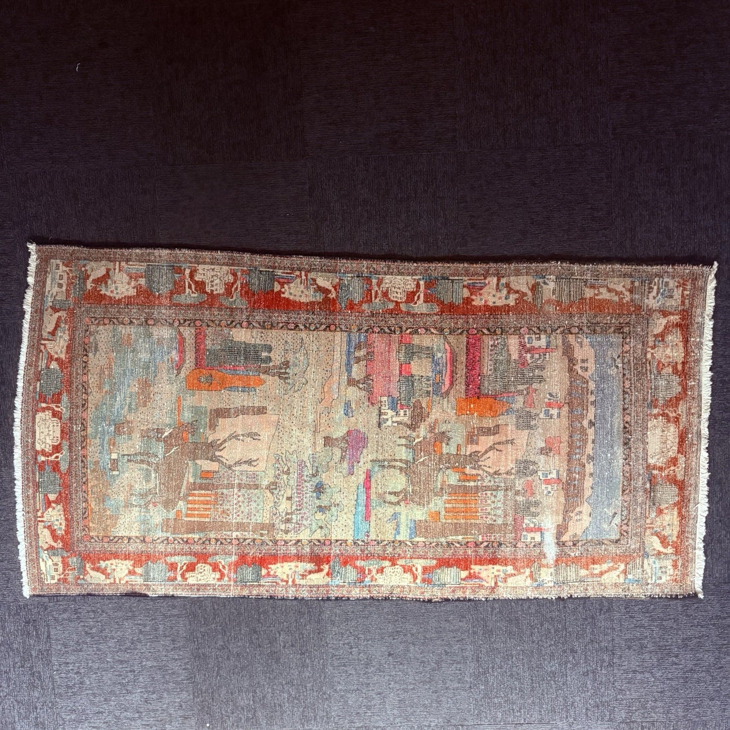 Antique Hand Knotted Pictorial Rug 9'x5' 1940s Kashann Rug2