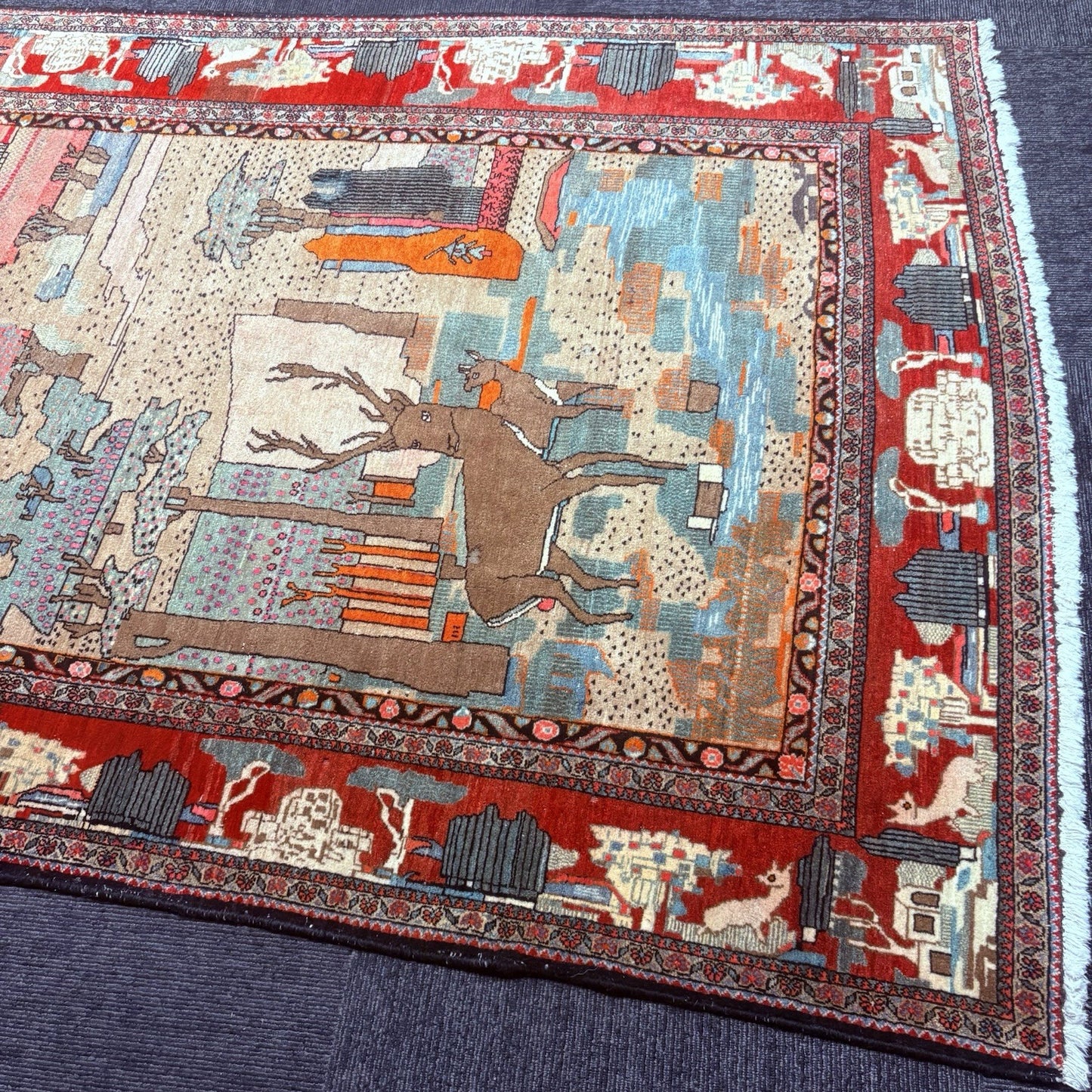 Antique Persian Hand Knotted Pictorial Rug 9'x5' 1940s Kashann Rug16