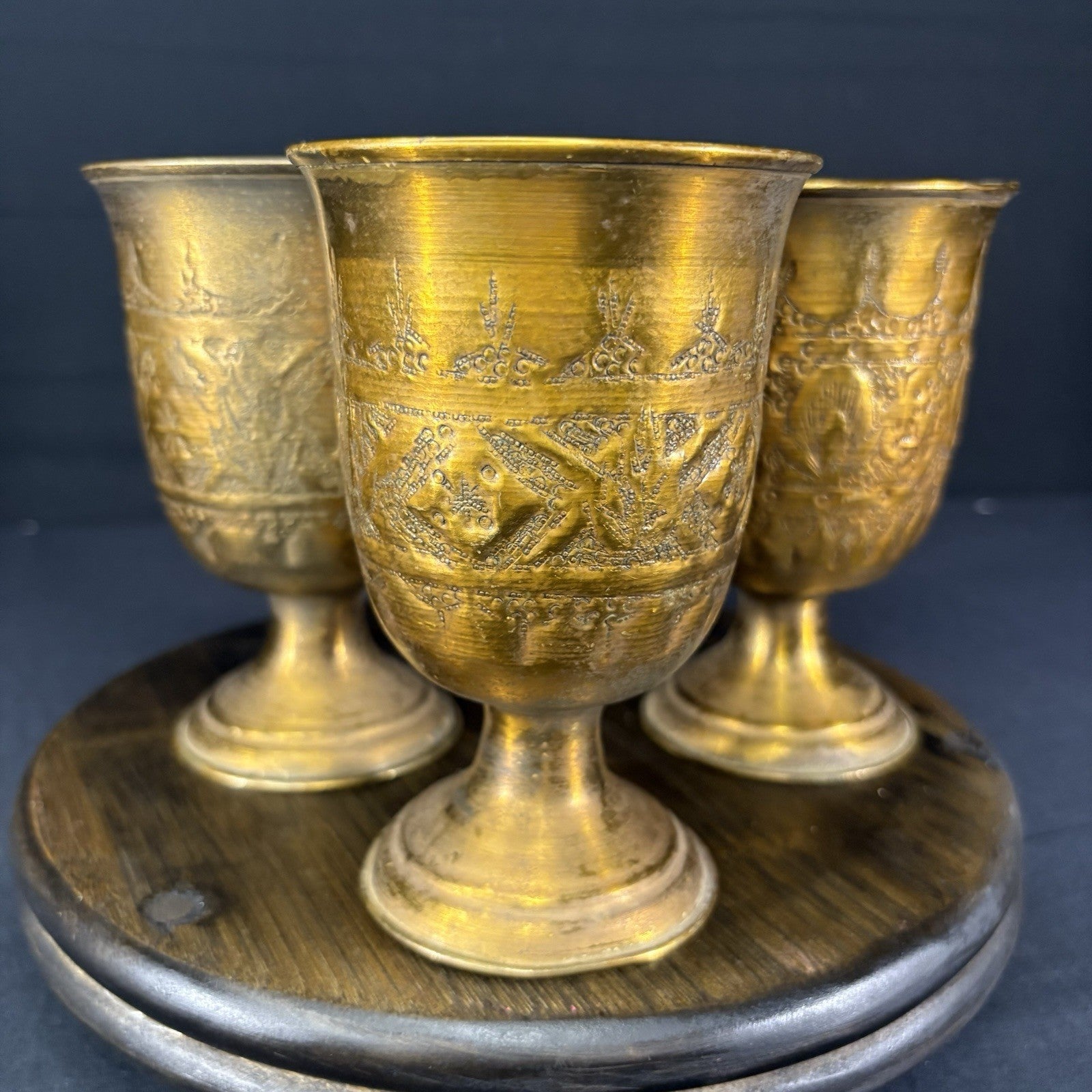 Goblet Set Qajar Dynasty Antique Copper Hand Etched Cups Early 1900s0