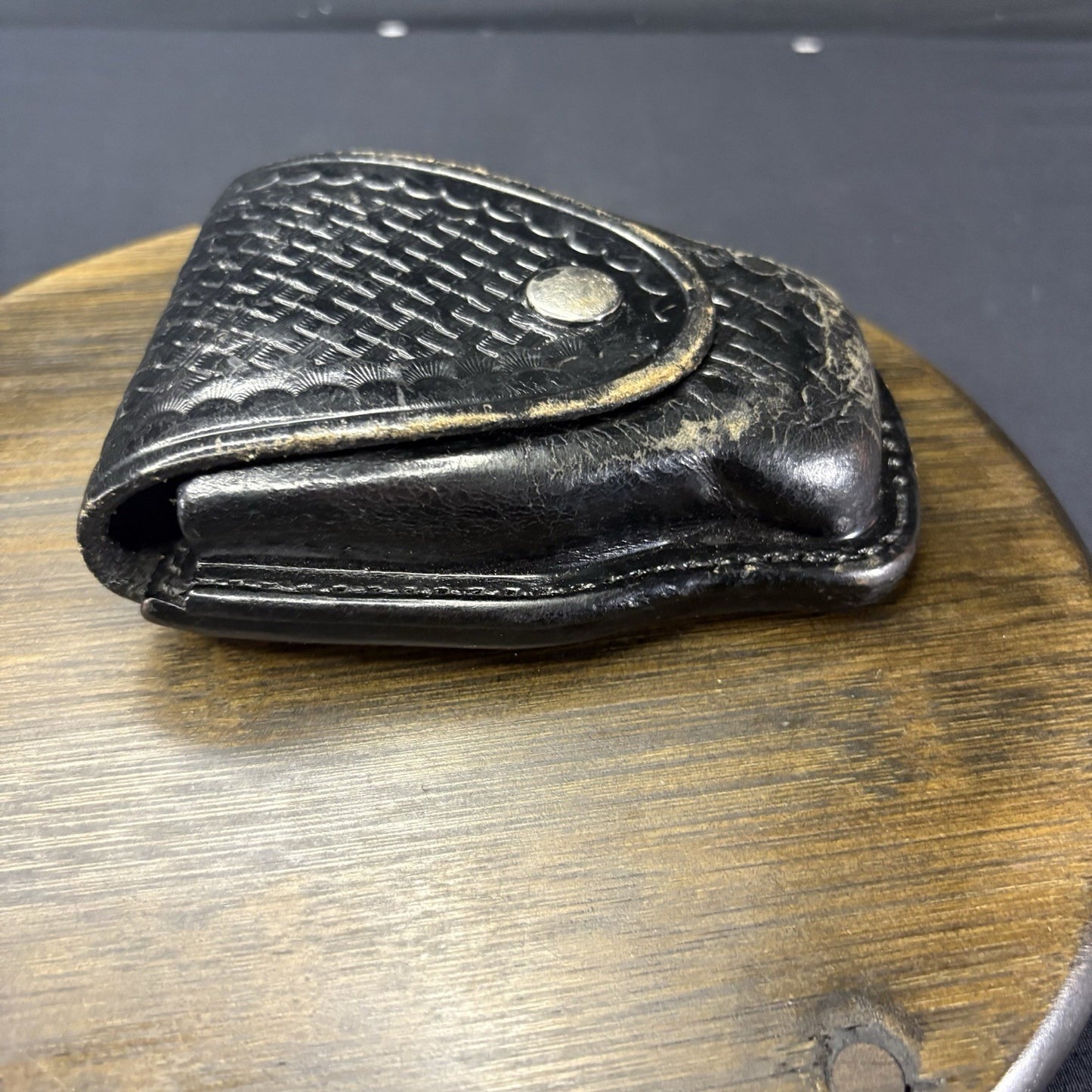 Aker Handcuff Case 508 Basket Weave Leather For Hinged And Chain Chrome Snap USA1