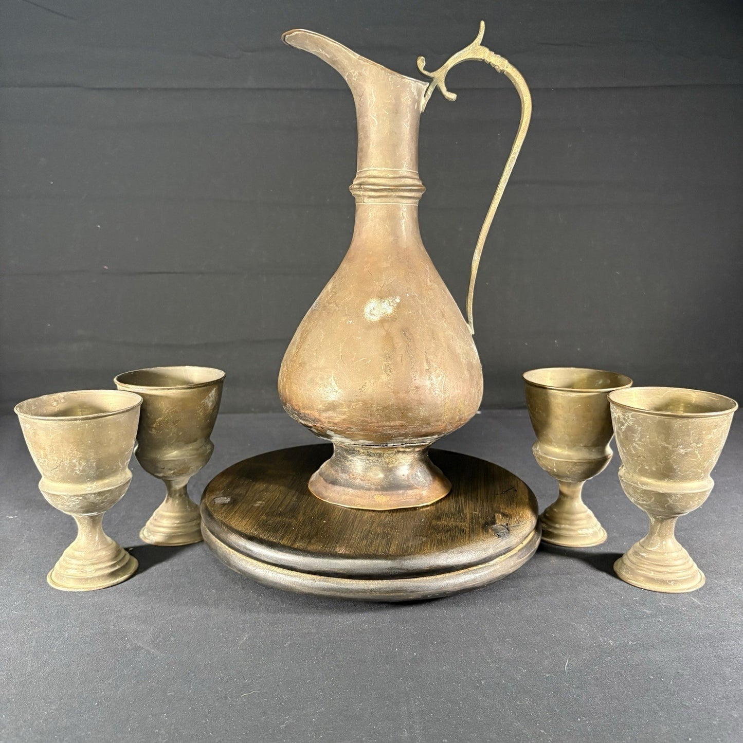 Antique Arabic Pitcher w/ Cups Middle Eastern Hand Hammered Brass Early 1900s3