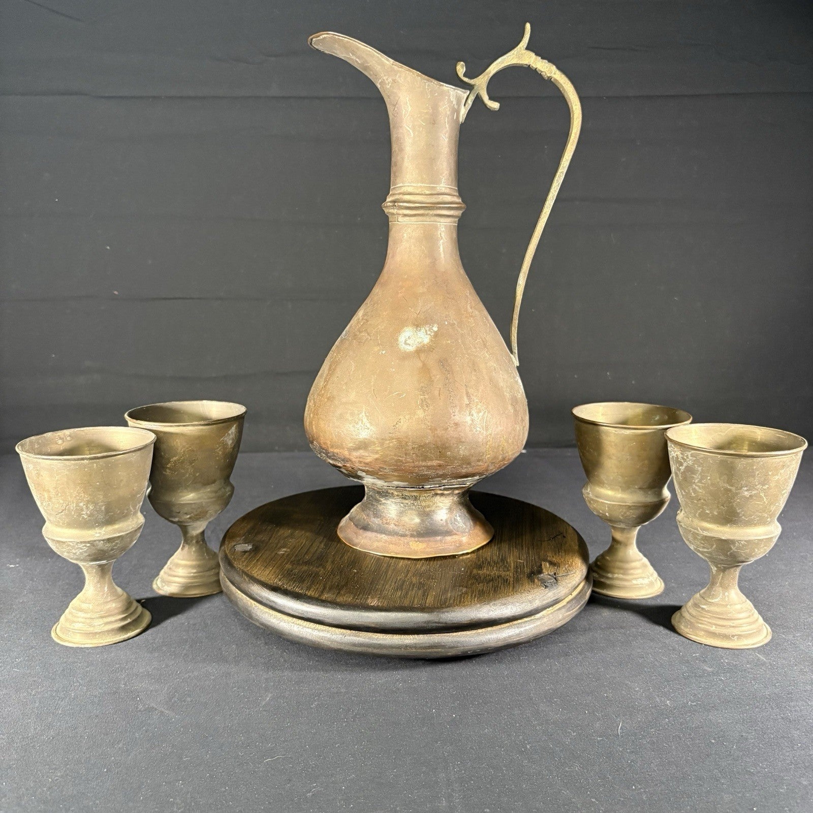 Antique Arabic Pitcher w/ Cups Middle Eastern Hand Hammered Brass Early 1900s3