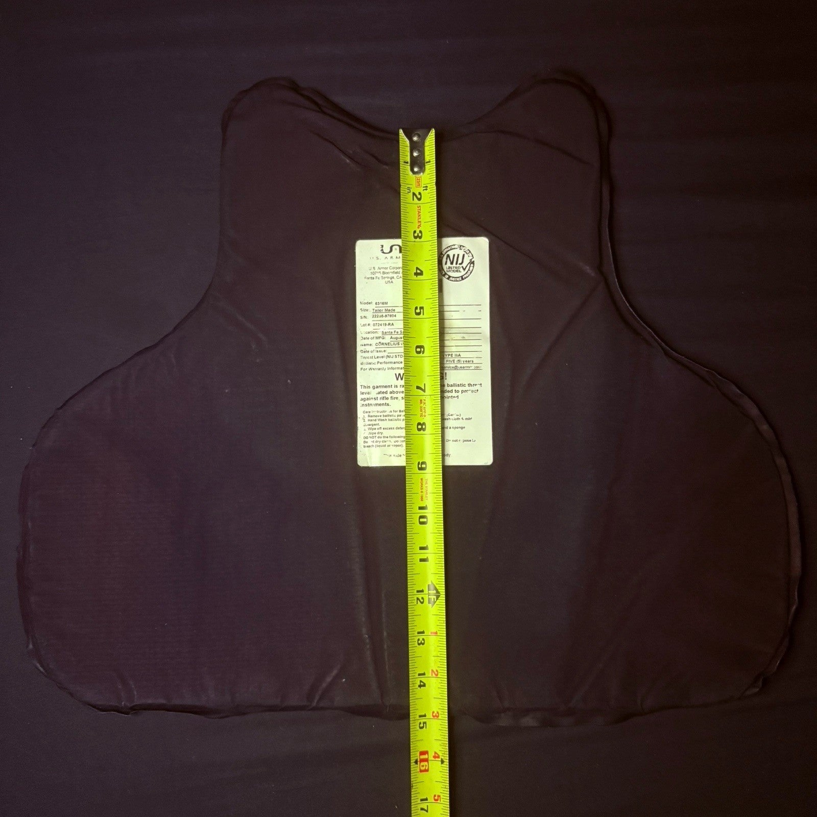 US Armor IIIA (3A) Bullet Proof Concealable Vest -Size Large- 201912