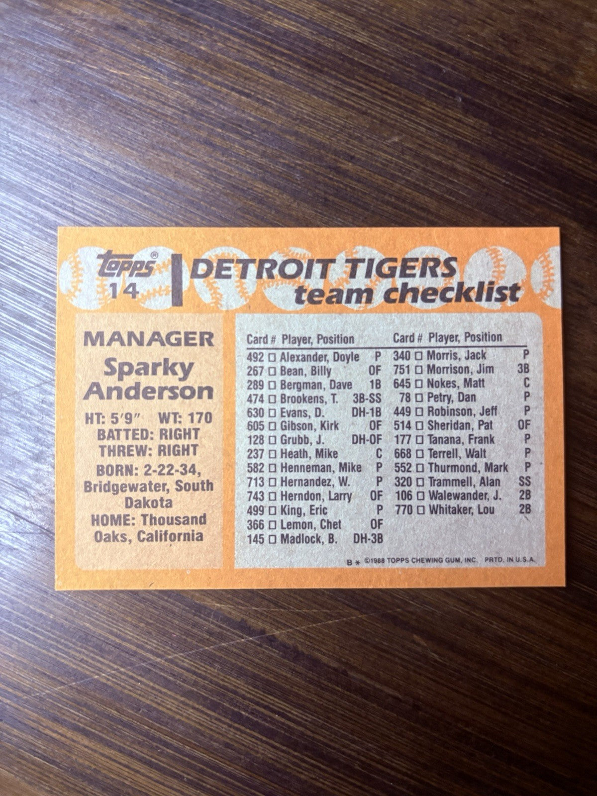 1988 Topps  Sparky Anderson Team Checklist #14 High Grade Baseball Card1