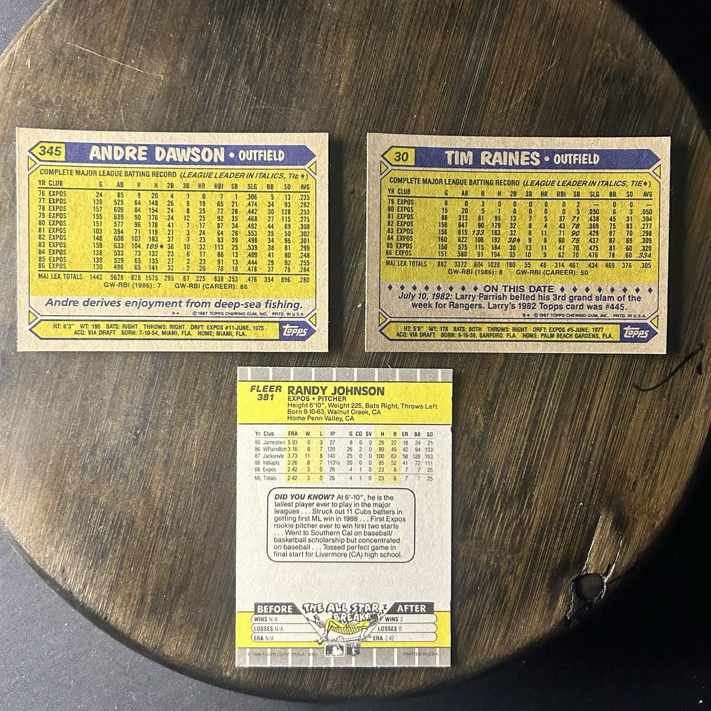1989 Fleer Randy Johnson #381 Rookie Card & #345 Andre Dawson, #30 Tim Raines1