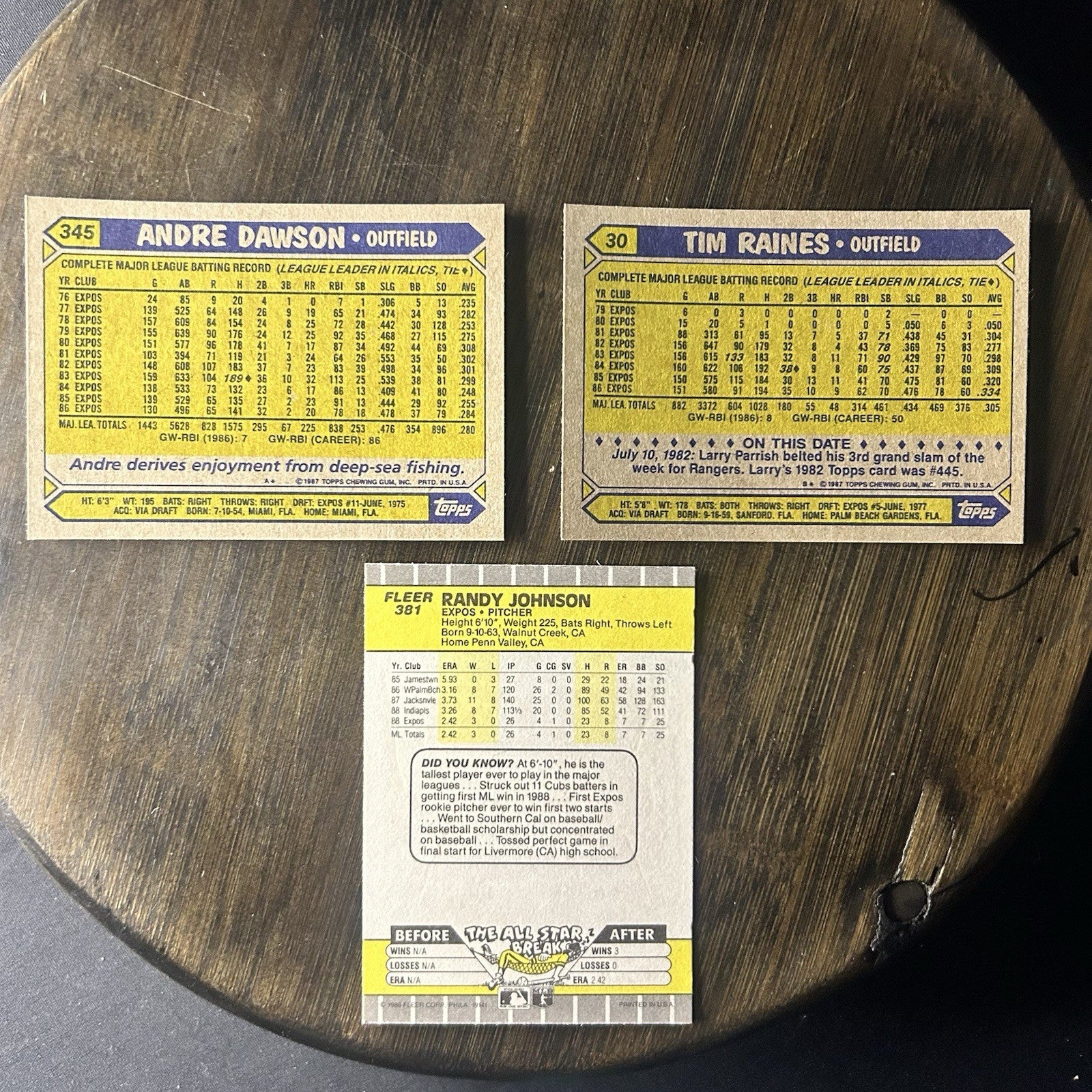 1989 Fleer Randy Johnson #381 Rookie Card & #345 Andre Dawson, #30 Tim Raines1