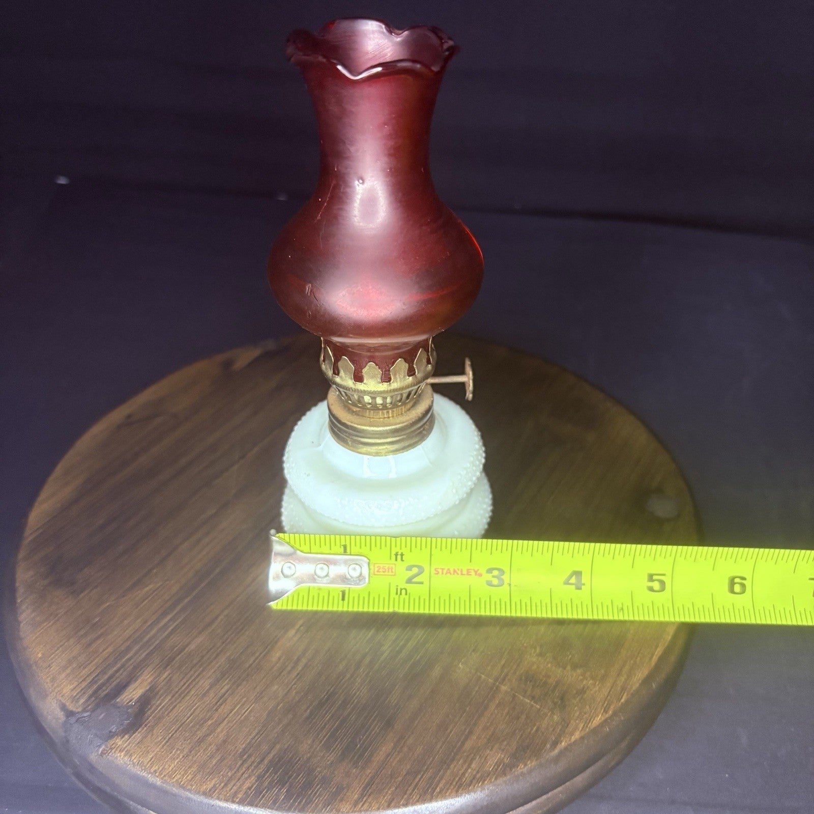 VTG Miniature Hurricane Oil Lamp Hobnail Milk Glass Base Ruby Globe, Hong Kong10