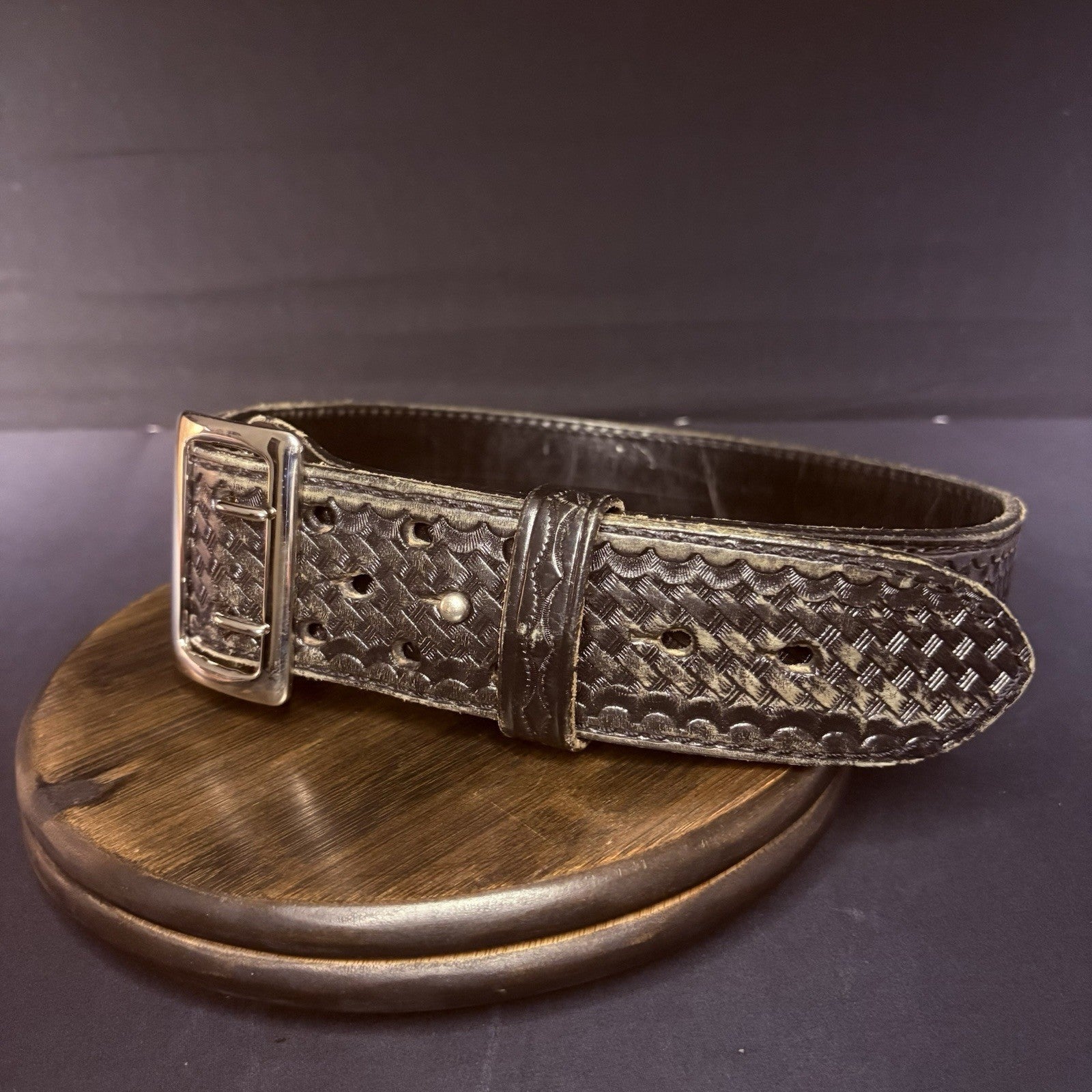 JS Leather Sam Browne Duty Belt Size 32" Black Basket Weave Chrome Buckle3