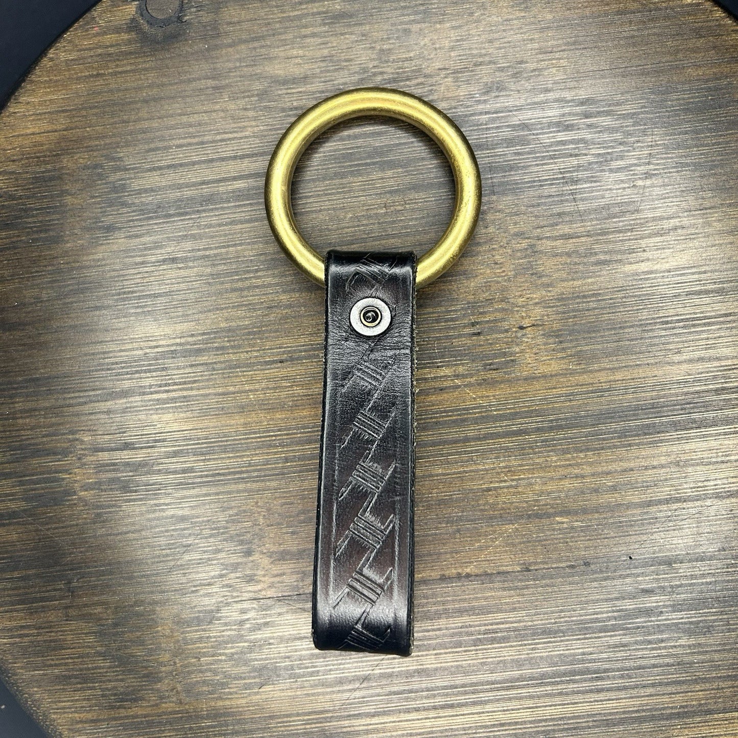 Brass Police Baton/ Flashlight Ring Holder Black Tooled Basket Weave Leather5