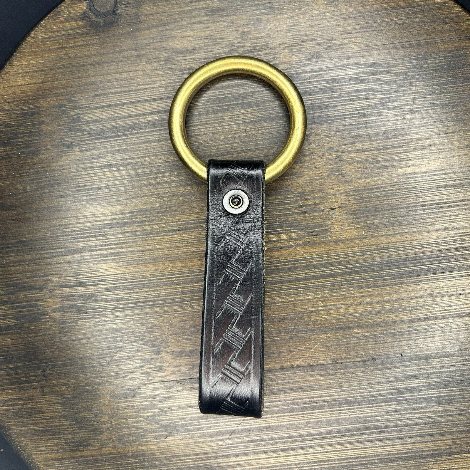 Brass Police Baton/ Flashlight Ring Holder Black Tooled Basket Weave Leather5