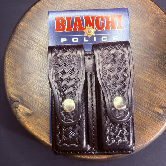 Bianchi .45 20C Double Magazine Pouch NOS Black Leather Basketweave Holder0