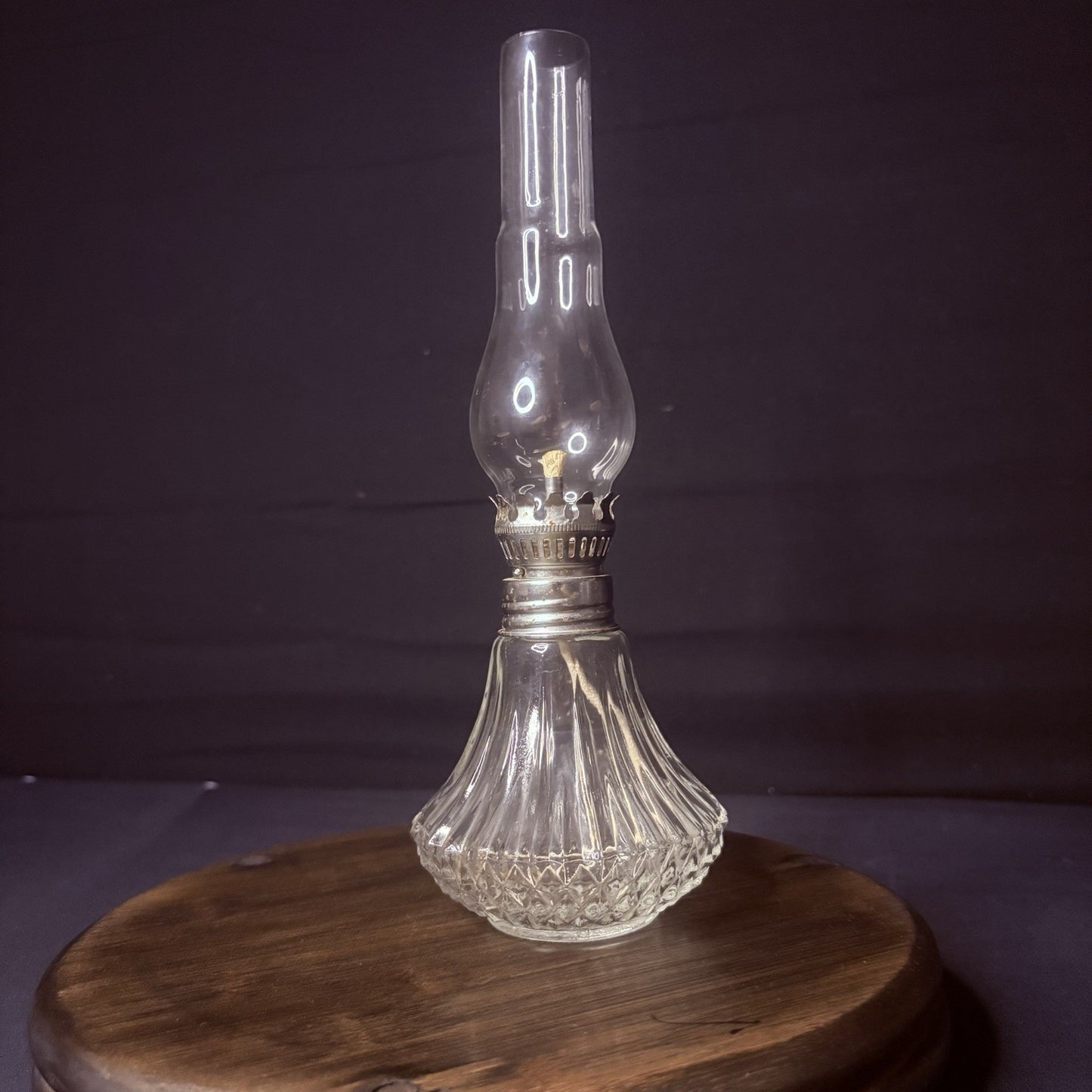 Vintage Miniature Hurricane Oil Lamp Lamplight Long Chimney, Diamond Cut Base9