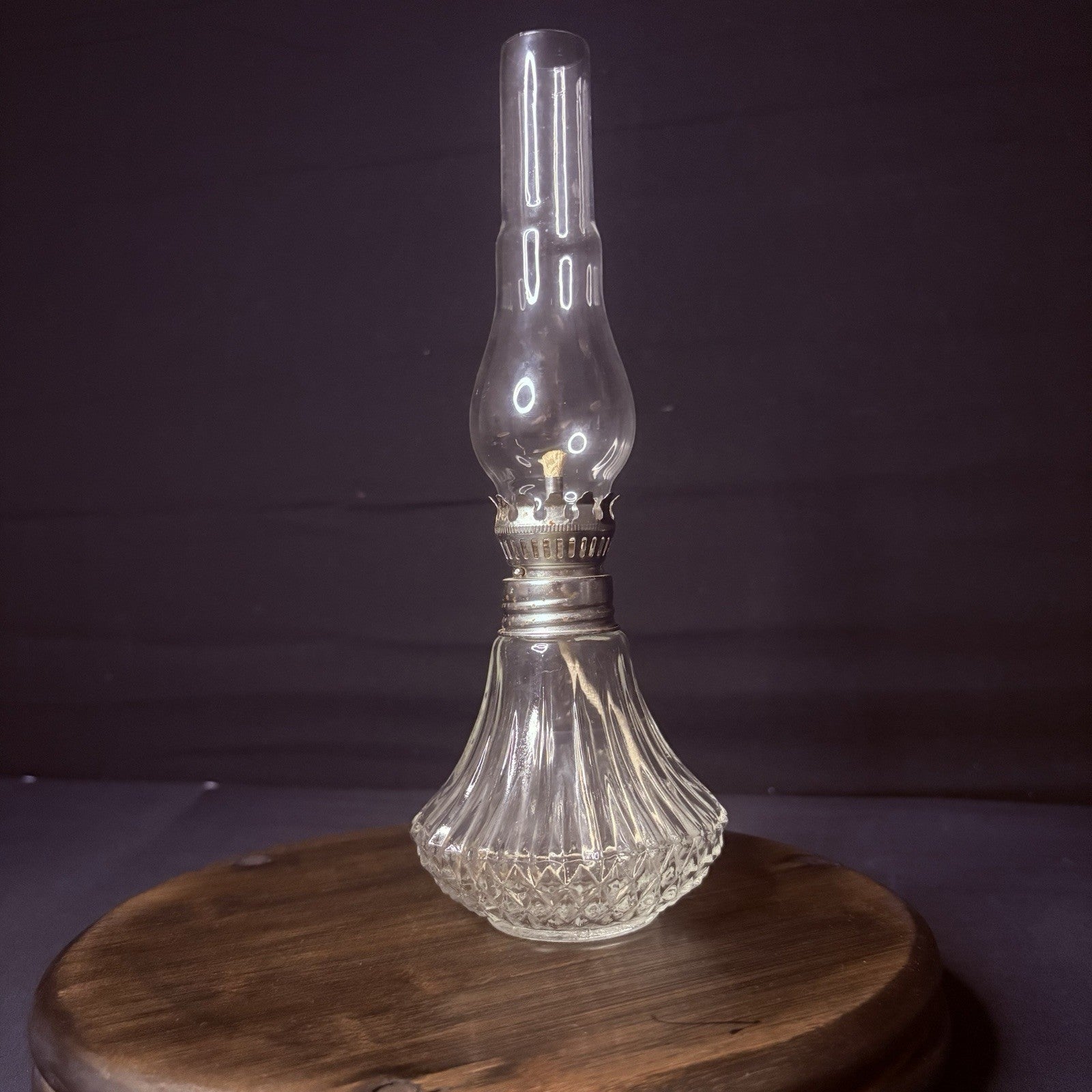 Vintage Miniature Hurricane Oil Lamp Lamplight Long Chimney, Diamond Cut Base9