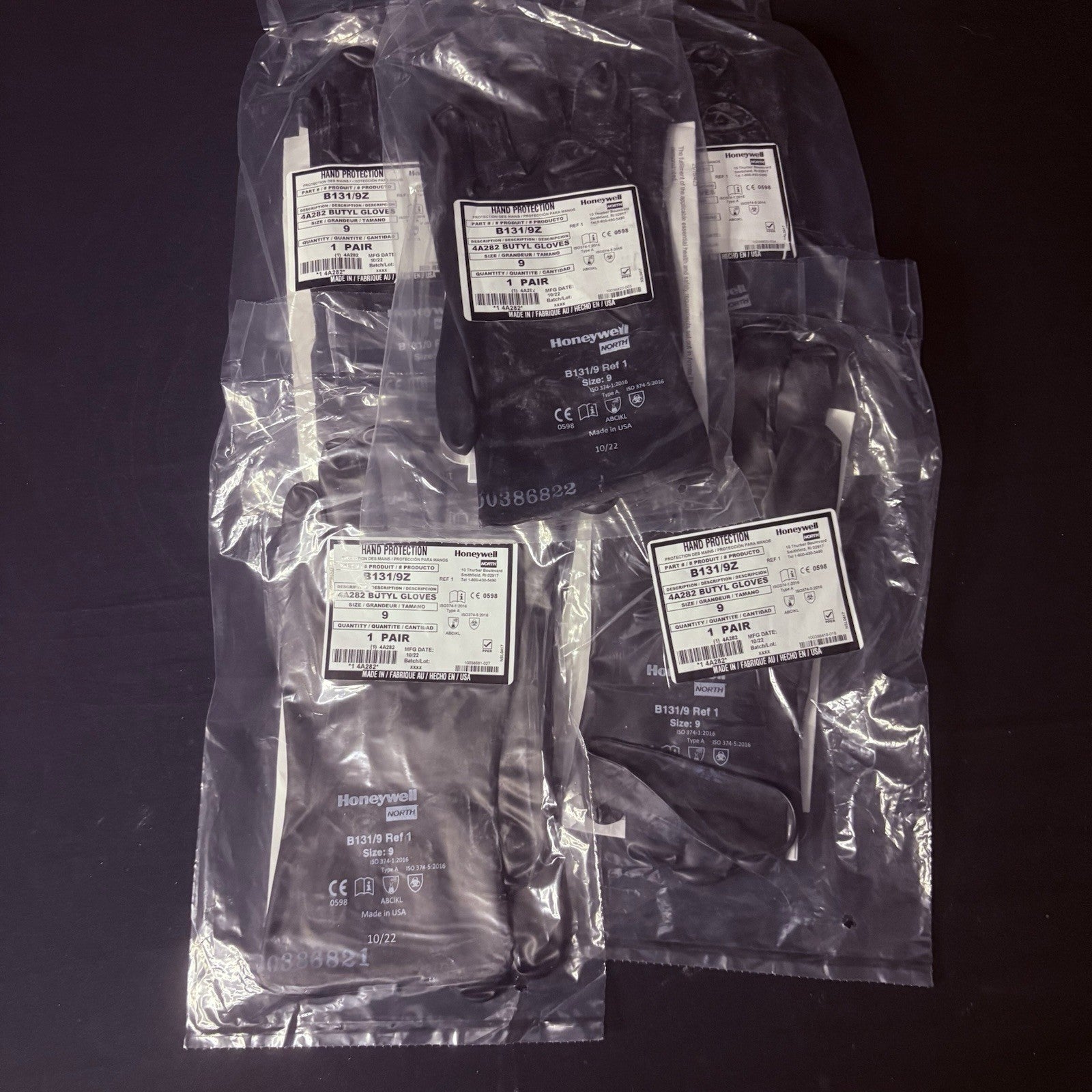 (5 Pack) Honeywell Butyl Gloves North B131/9 Chemical Resistant 13 Mil Sz 90