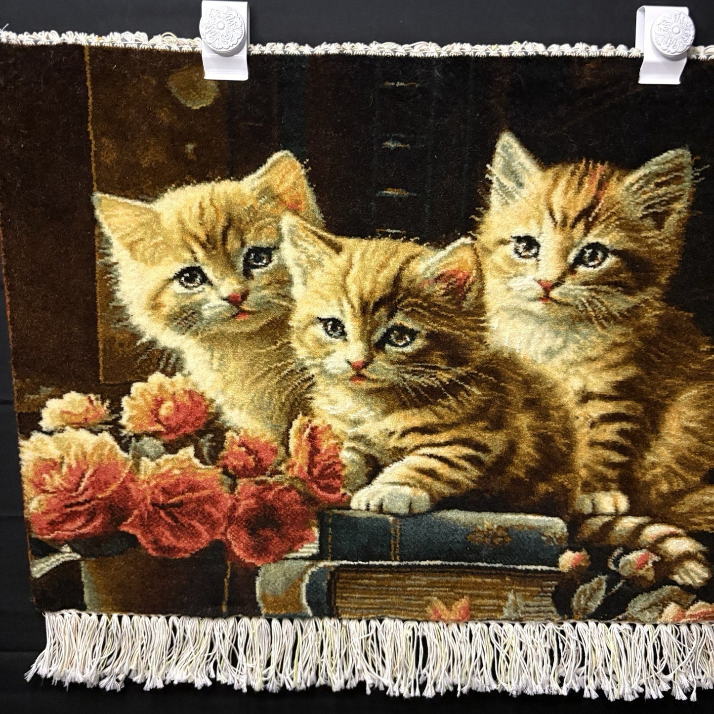 Pictorial Rug Kittens Hand Knotted w/Silk Inlays 24”x16” w/Rug Hangers7