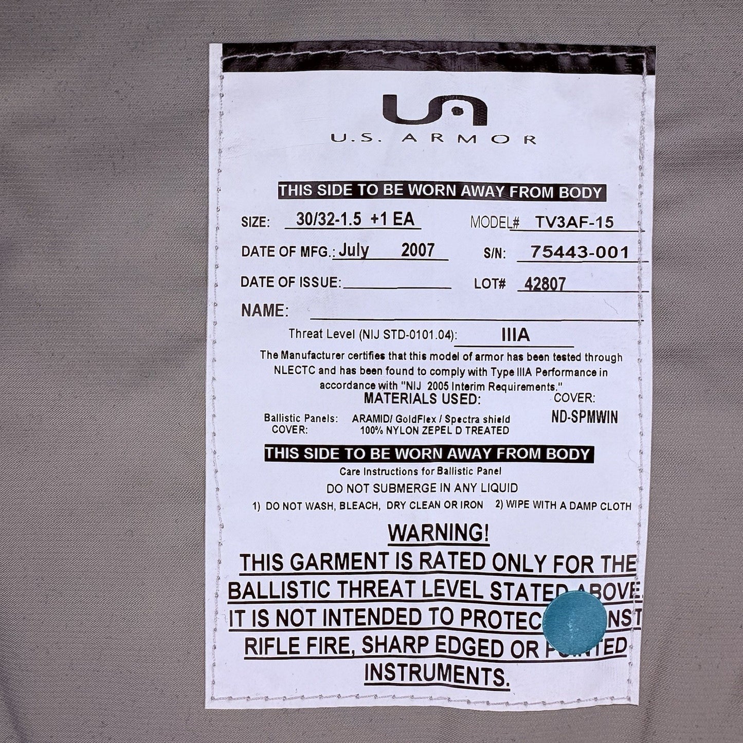 US Armor IIIA (3A) Bullet Proof Vest (Size Female SMALL) With Trauma Plate14