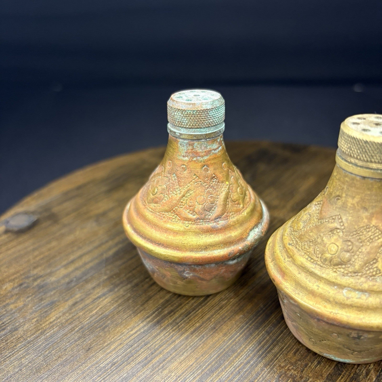 Antique Copper Salt & Pepper Shaker Hand Etched Copper Early 1900s12