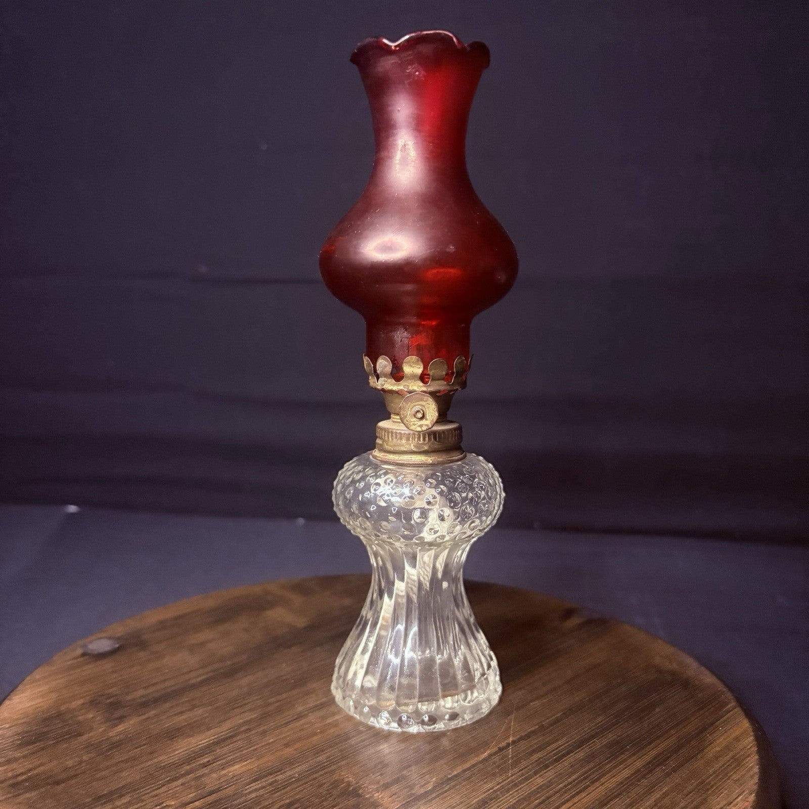 VTG Miniature Hurricane Oil Lamp Clear Hobnail Bubble Base, Ruby Red Bell Globe0