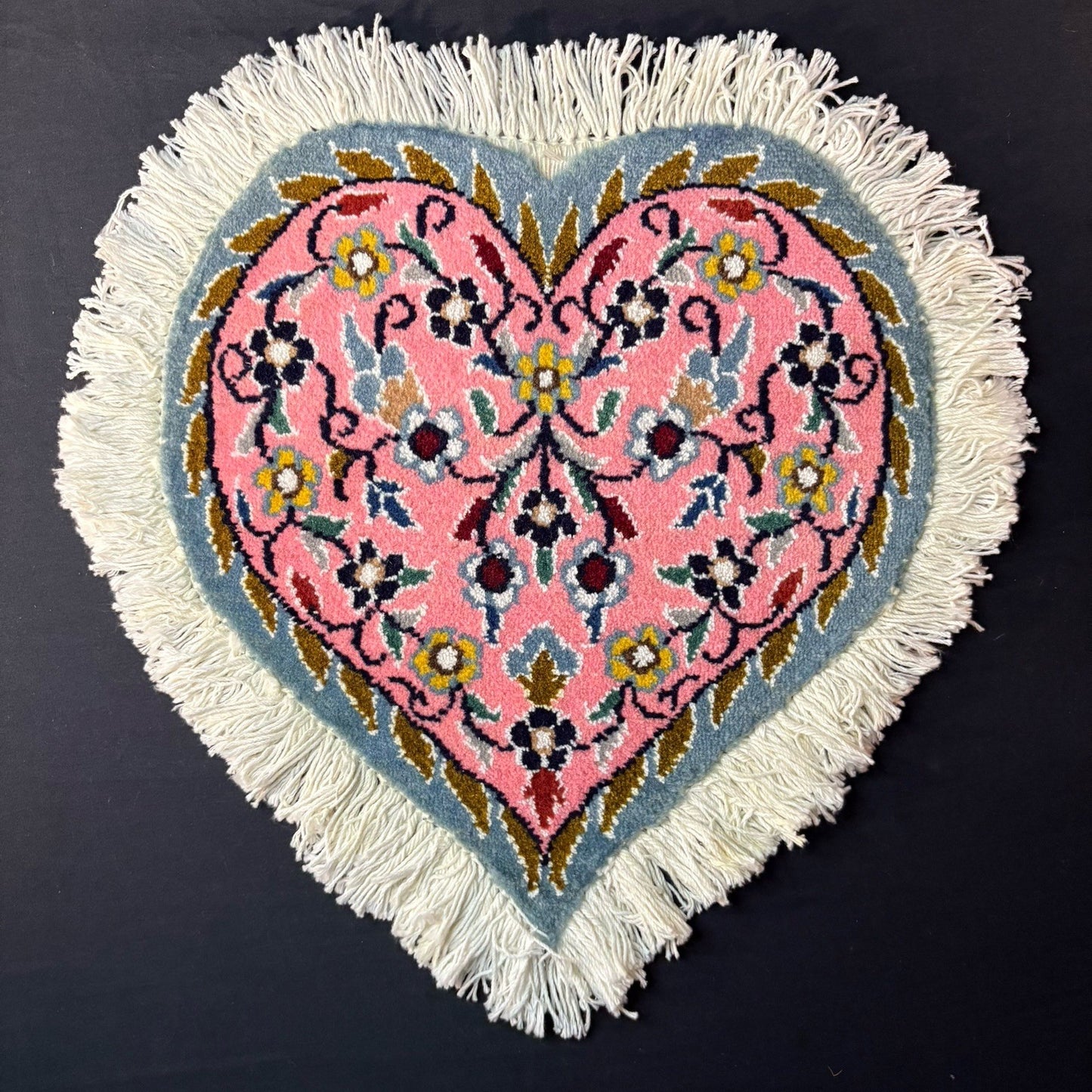 Persian Nain Heart Shape Pink Rug Flower Hand Knotted 13”x12” Very Rare 225KPSI0