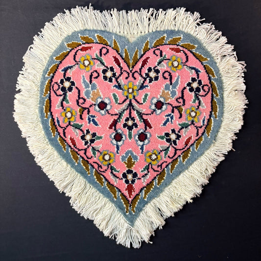 Persian Nain Heart Shape Pink Rug Flower Hand Knotted 13”x12” Very Rare 225KPSI0