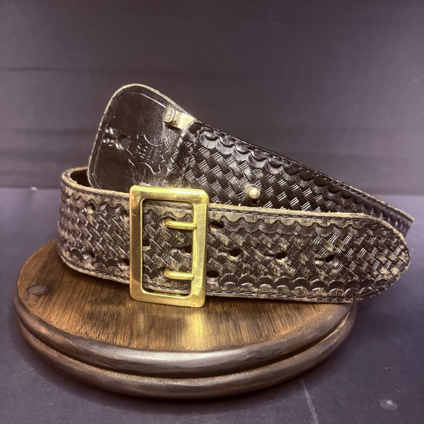 JS Leather Sam Browne Duty Belt Size 32" Black Basket Weave Brass Buckle2