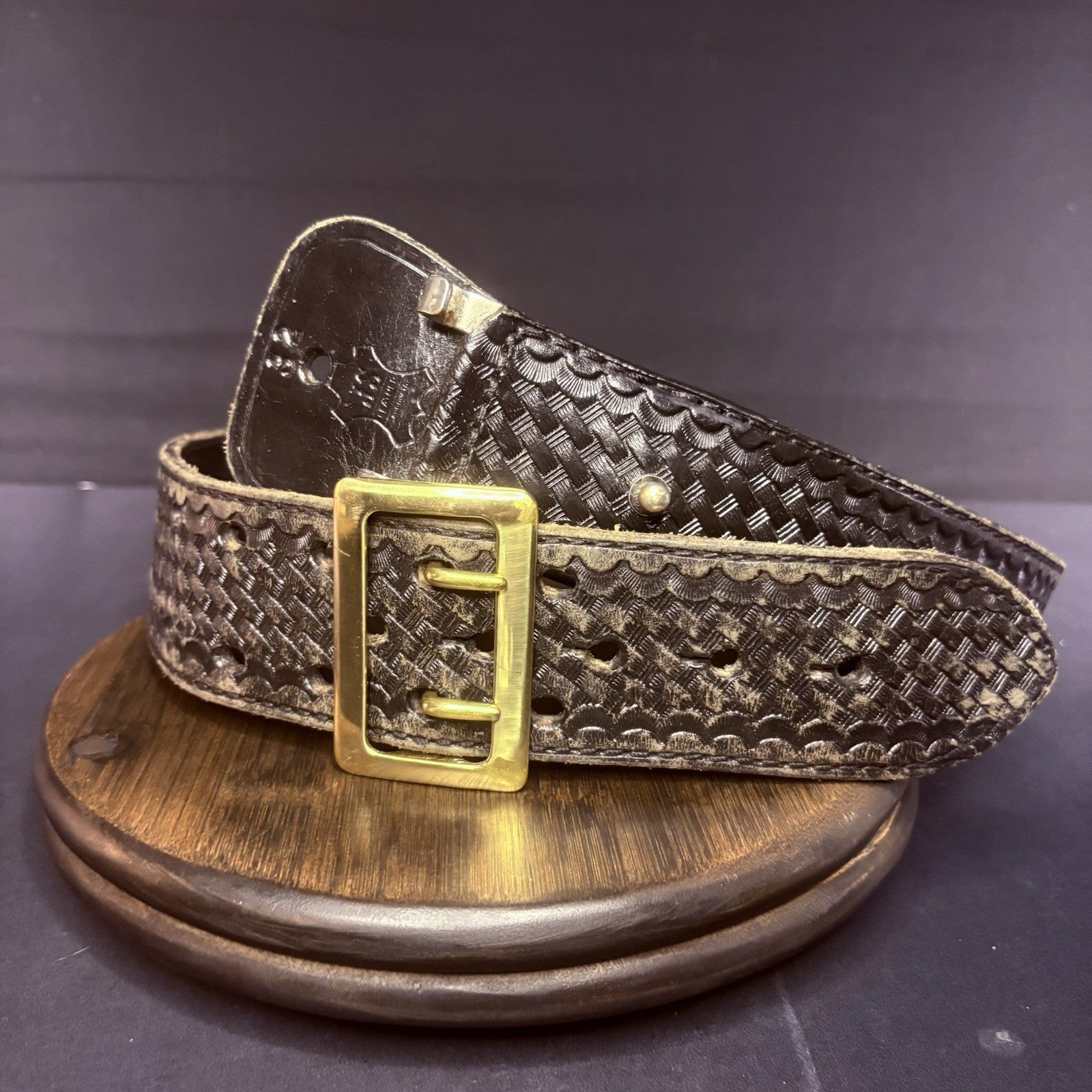 JS Leather Sam Browne Duty Belt Size 32" Black Basket Weave Brass Buckle2