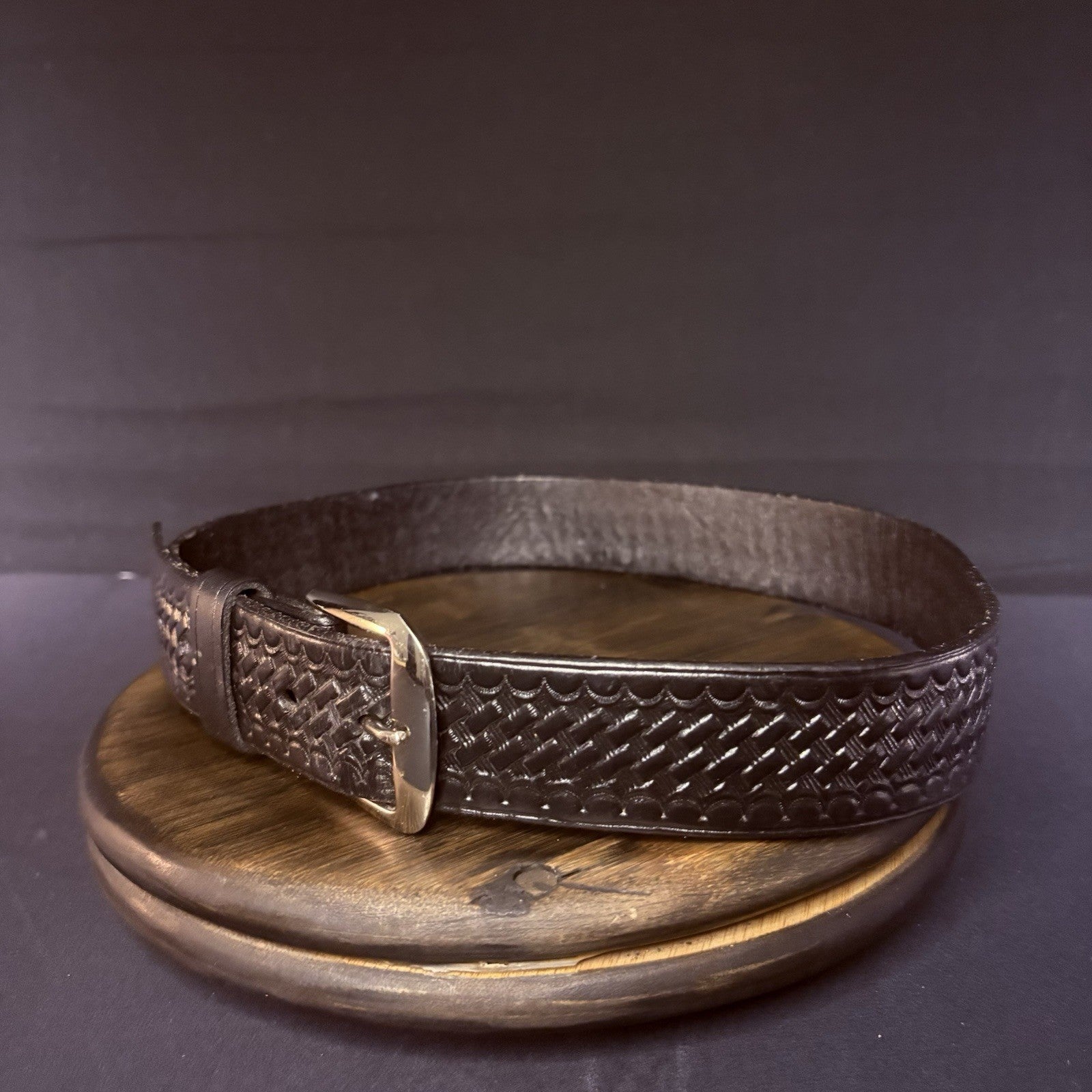 JS Leather Off Duty Belt Size 30" Black Basket Weave Chrome Buckle2