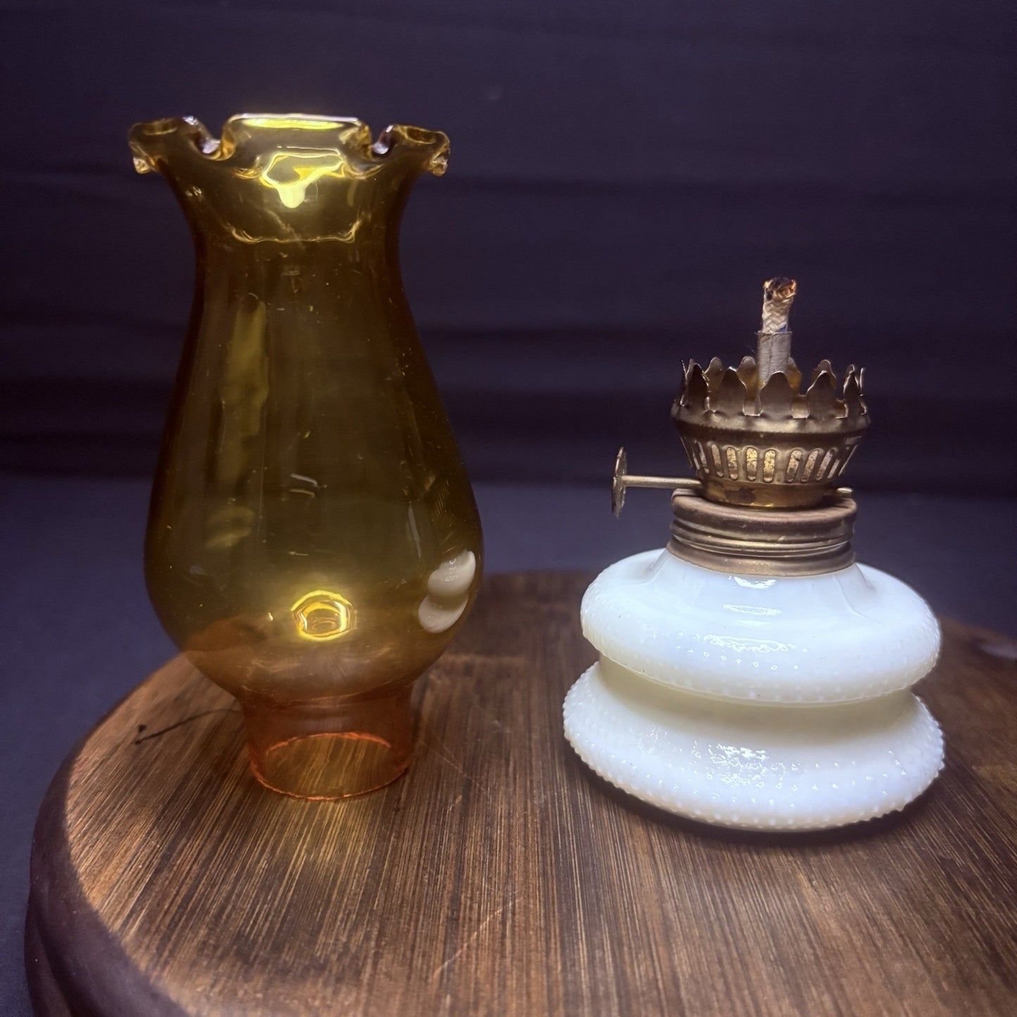 VTG Miniature Hurricane Oil Lamp Hobnail Milk Glass Base Amber Globe, Hong Kong5