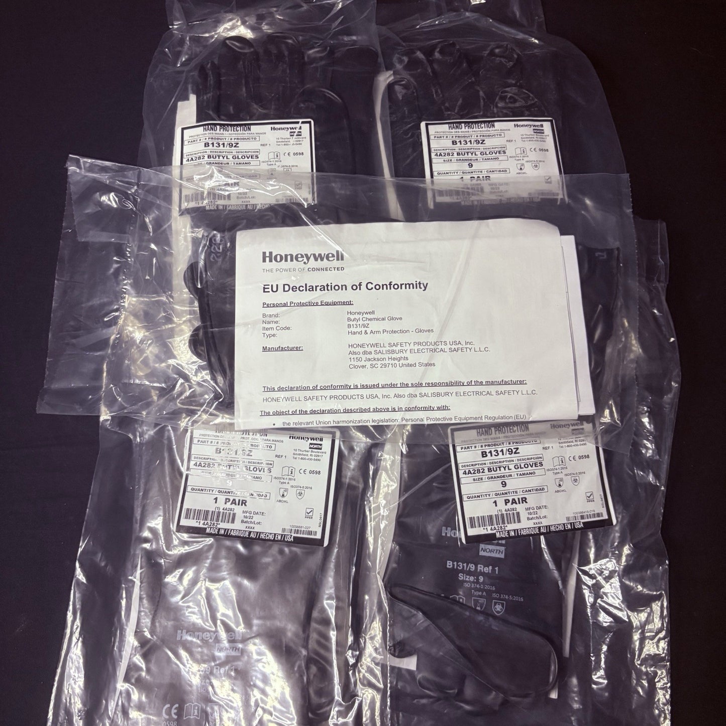(5 Pack) Honeywell Butyl Gloves North B131/9 Chemical Resistant 13 Mil Sz 95