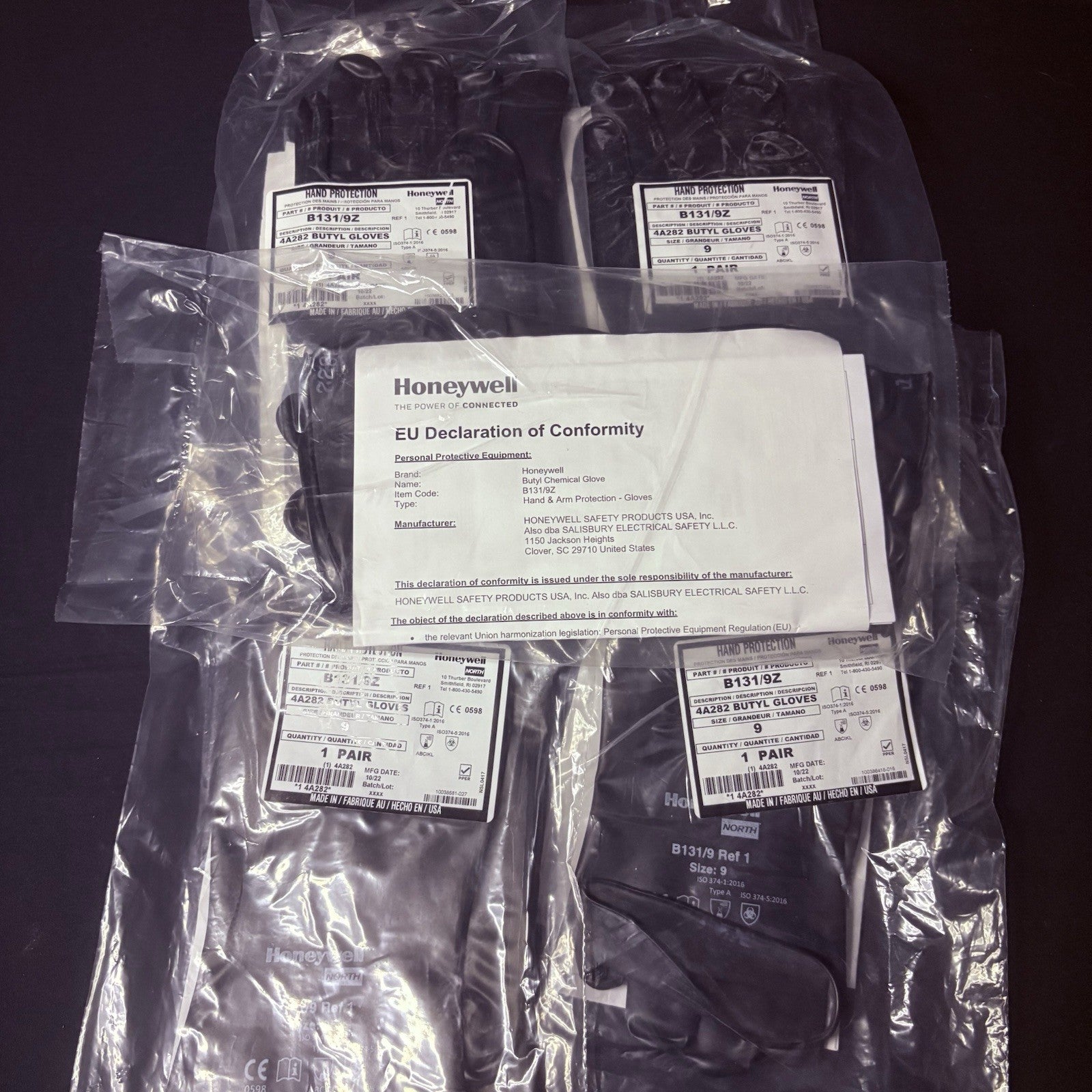 (5 Pack) Honeywell Butyl Gloves North B131/9 Chemical Resistant 13 Mil Sz 95