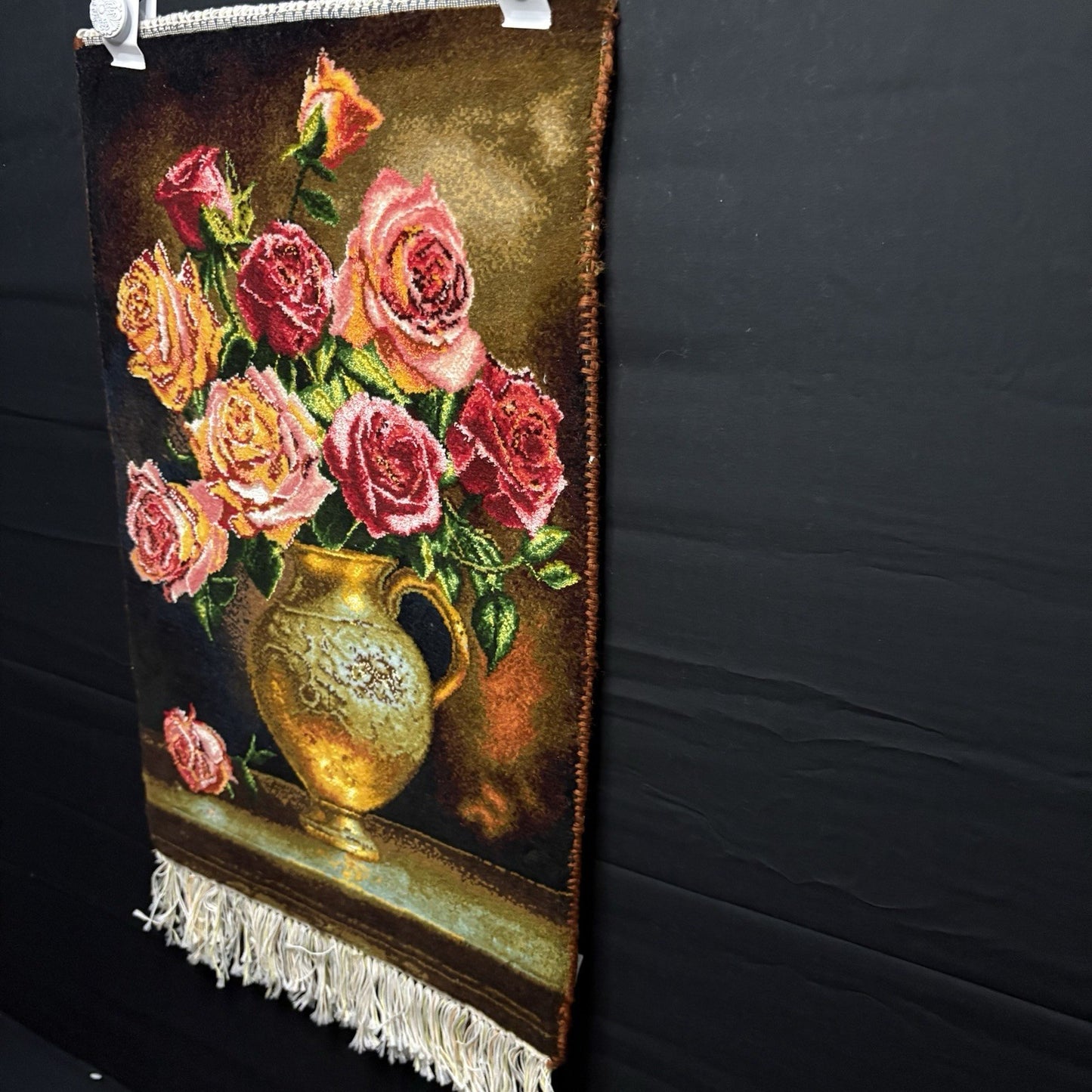Persian Pictorial Rug Hand Knotted Flower 23”x15” 58X38cm w/Rug Hangers5