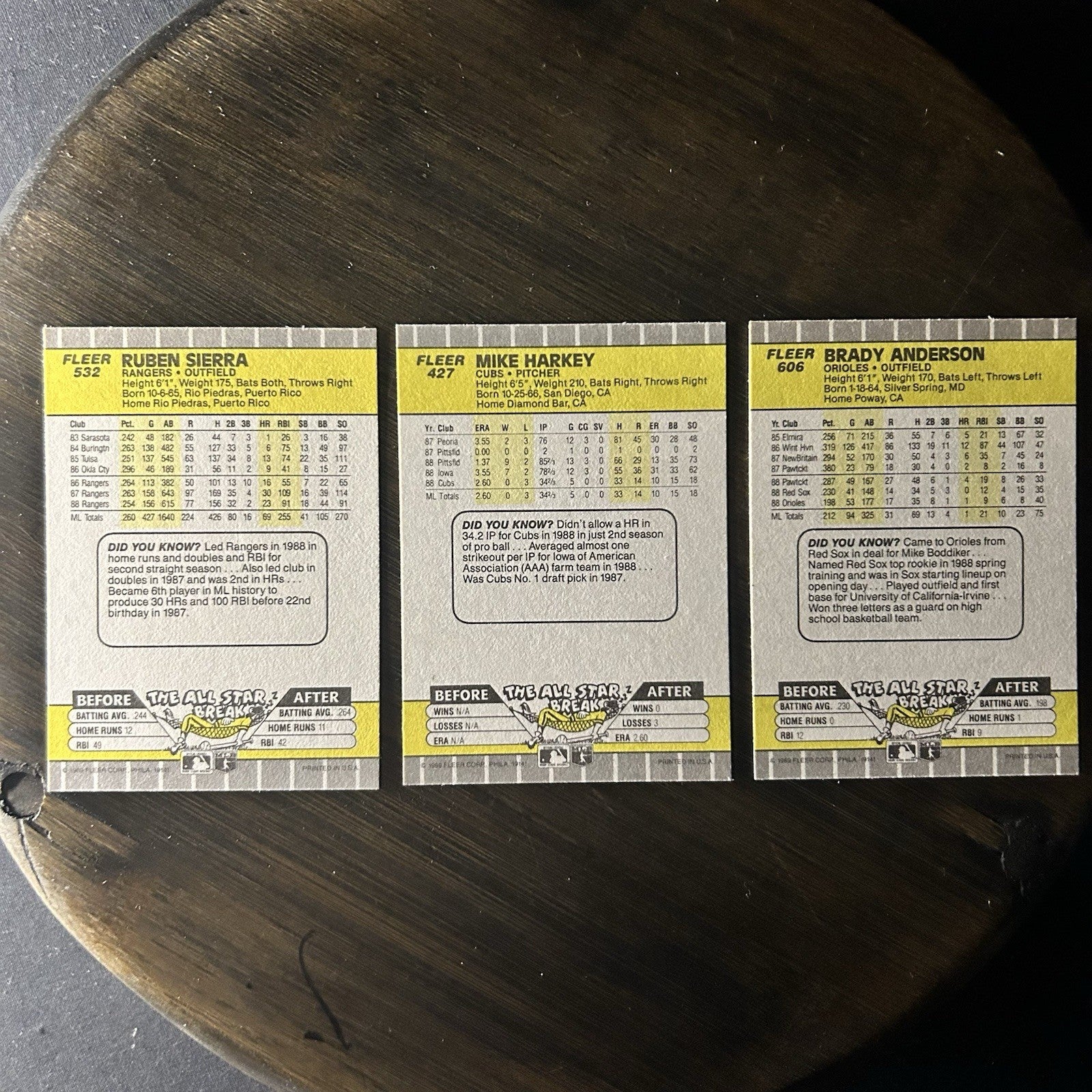 1989 Fleer #532, #427, #606 Baseball Trading Cards Lot Of (3)1