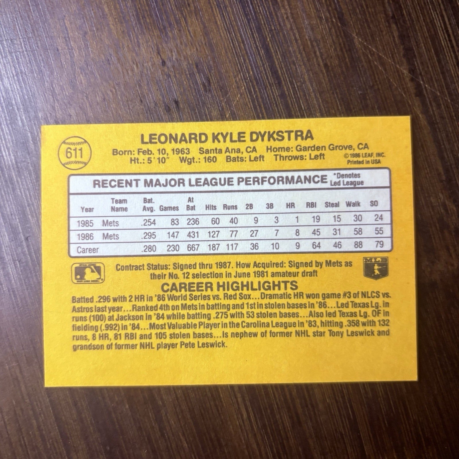 Len Dykstra 1987 Donruss #611 HOF New York Mets High Grade See Photos1