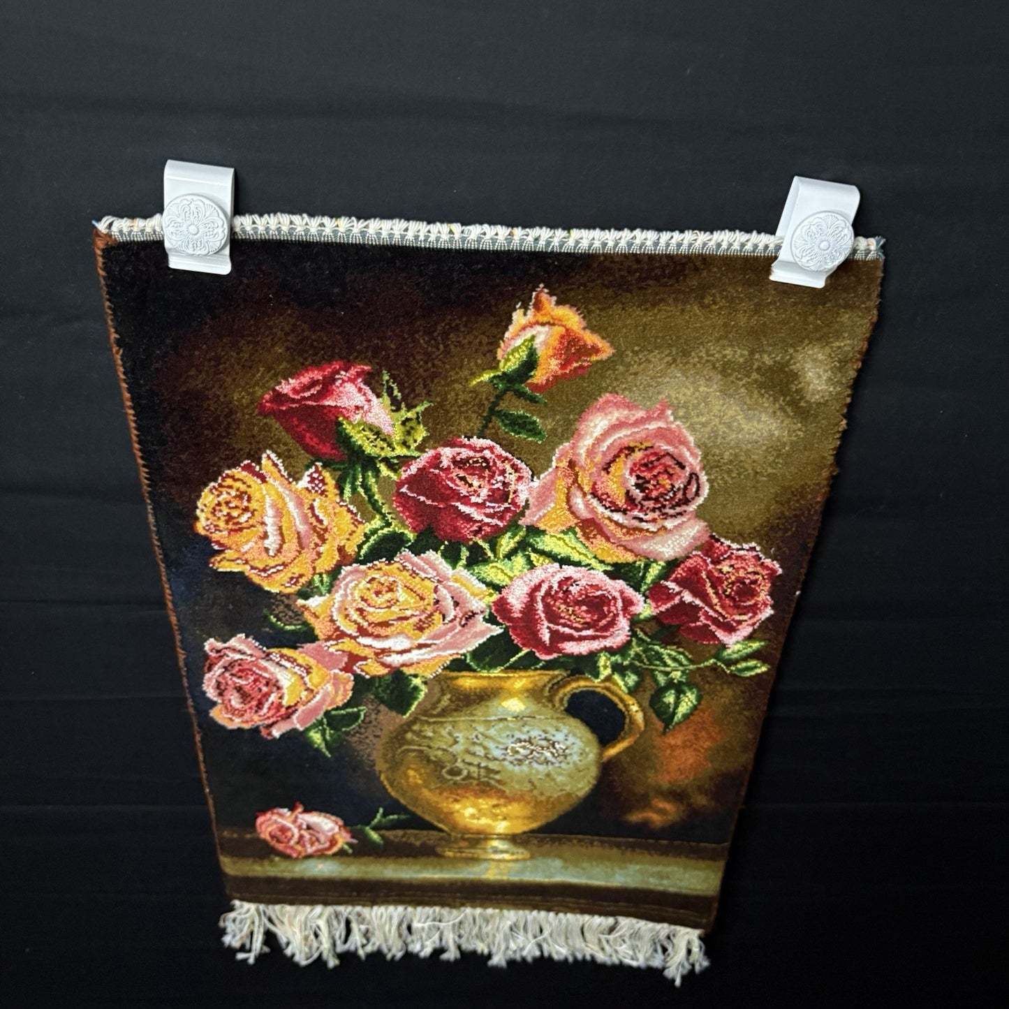 Persian Pictorial Rug Hand Knotted Flower 23”x15” 58X38cm w/Rug Hangers3