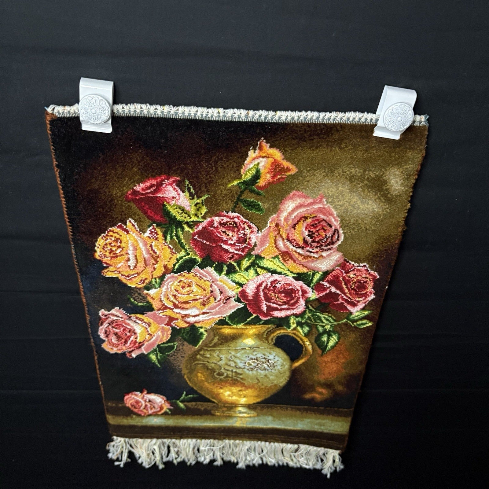 Persian Pictorial Rug Hand Knotted Flower 23”x15” 58X38cm w/Rug Hangers3