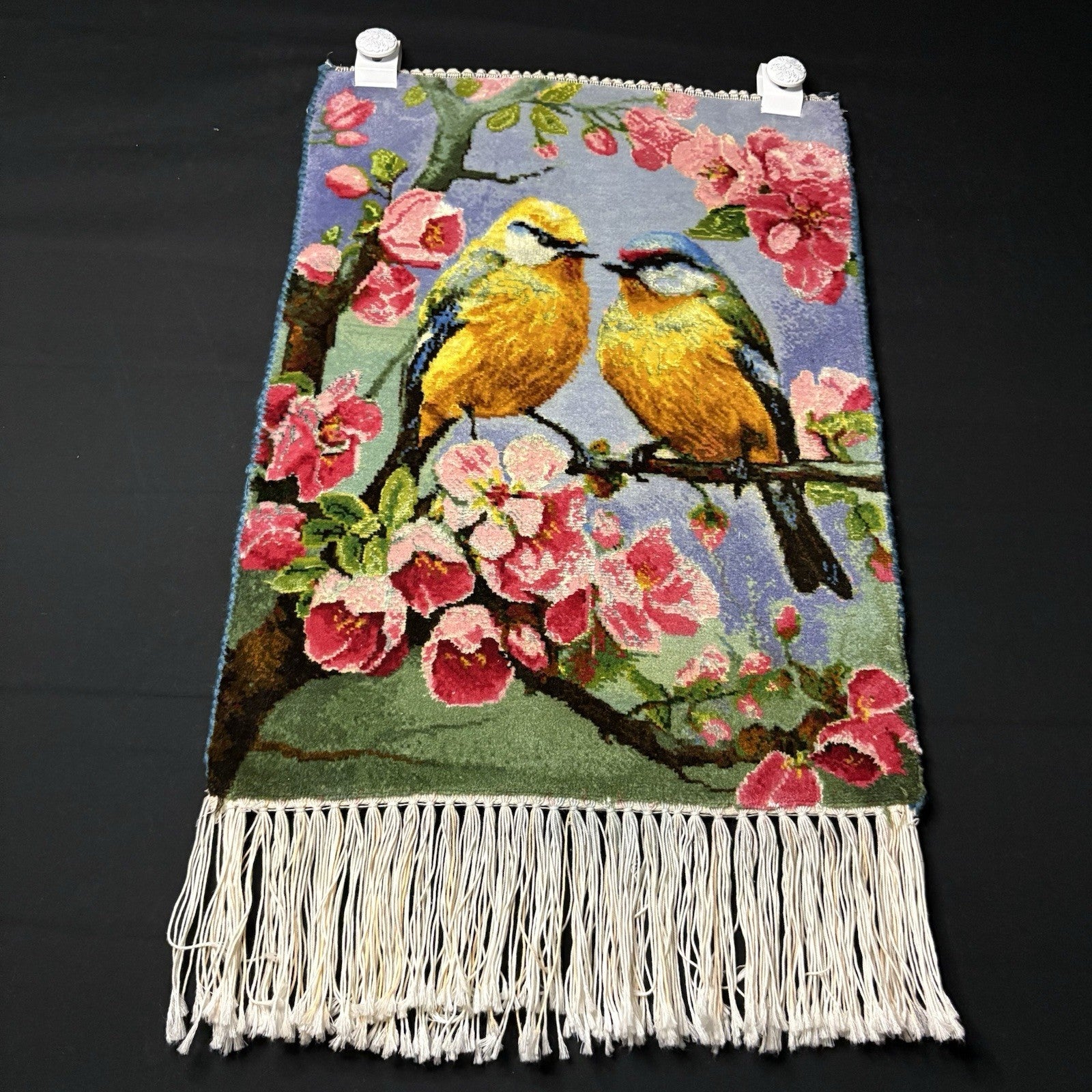 Per’sian Pictorial Rug Hand Knotted Birds & Flowers w/Silk 21”x15” w/Rug Hangers1