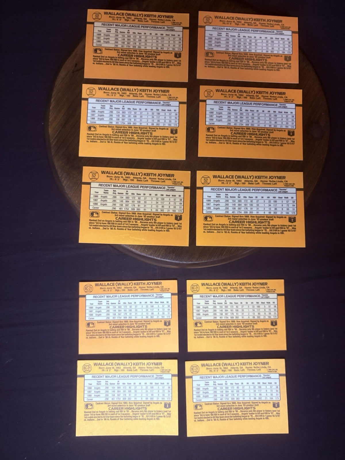(LOT of 10) Wally Joyner 1989 DONRUSS MVP Baseball cards (#BC21, #52) NM1