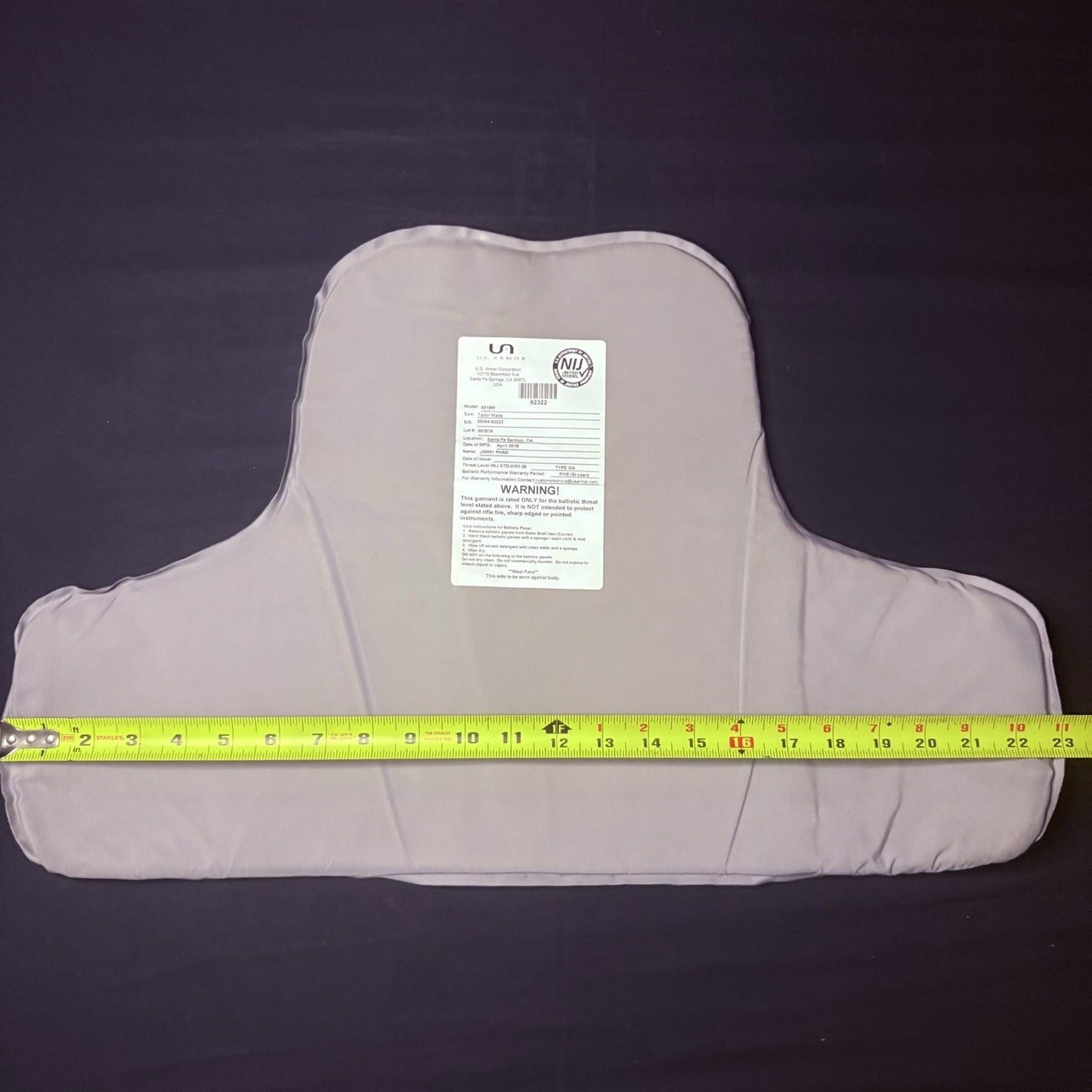 US Armor IIIA (3A) Bullet Proof Concealable Vest ~Size Medium~ 201914