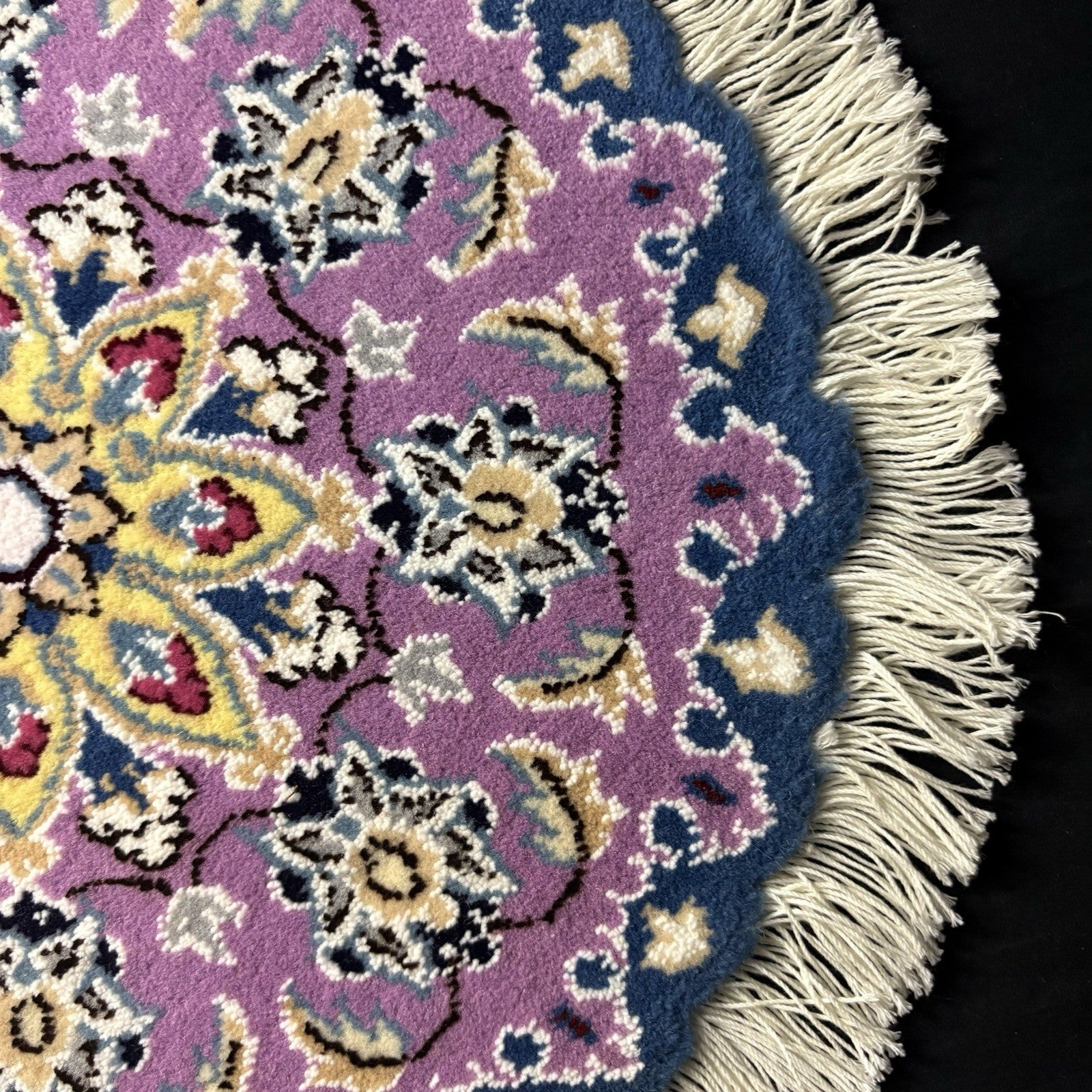 Persian Nain Round Rug Purple Medallion Rug Hand Knotted Size 15”x15” Or 38cm5