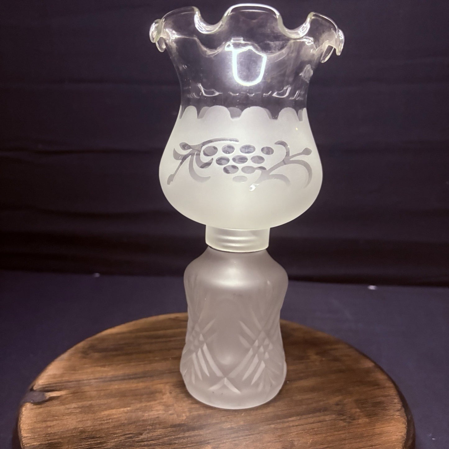 VTG Miniature Hurricane Lamp By LampLight Farms Frosted & Etched Glass  8.5"0