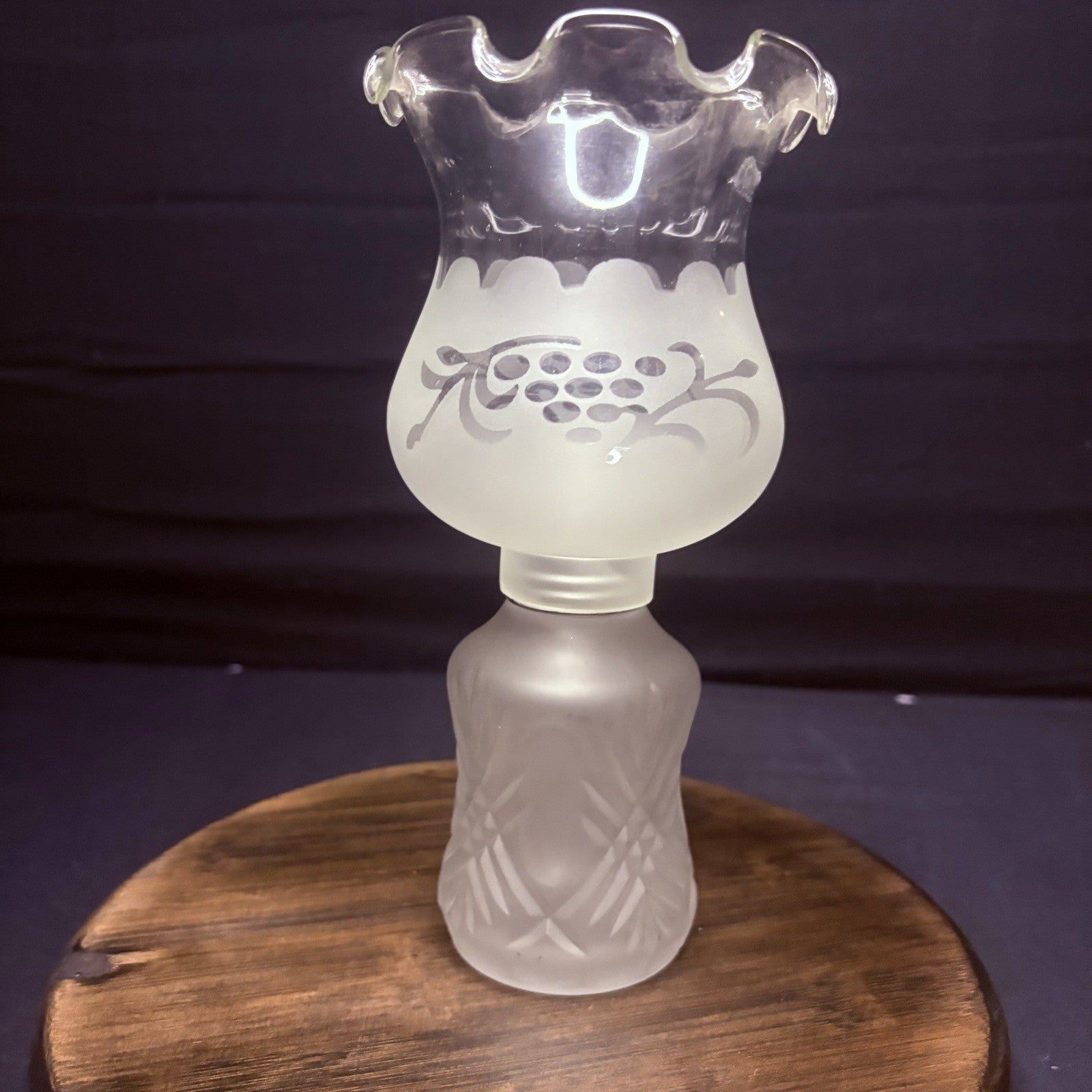 VTG Miniature Hurricane Lamp By LampLight Farms Frosted & Etched Glass  8.5"0