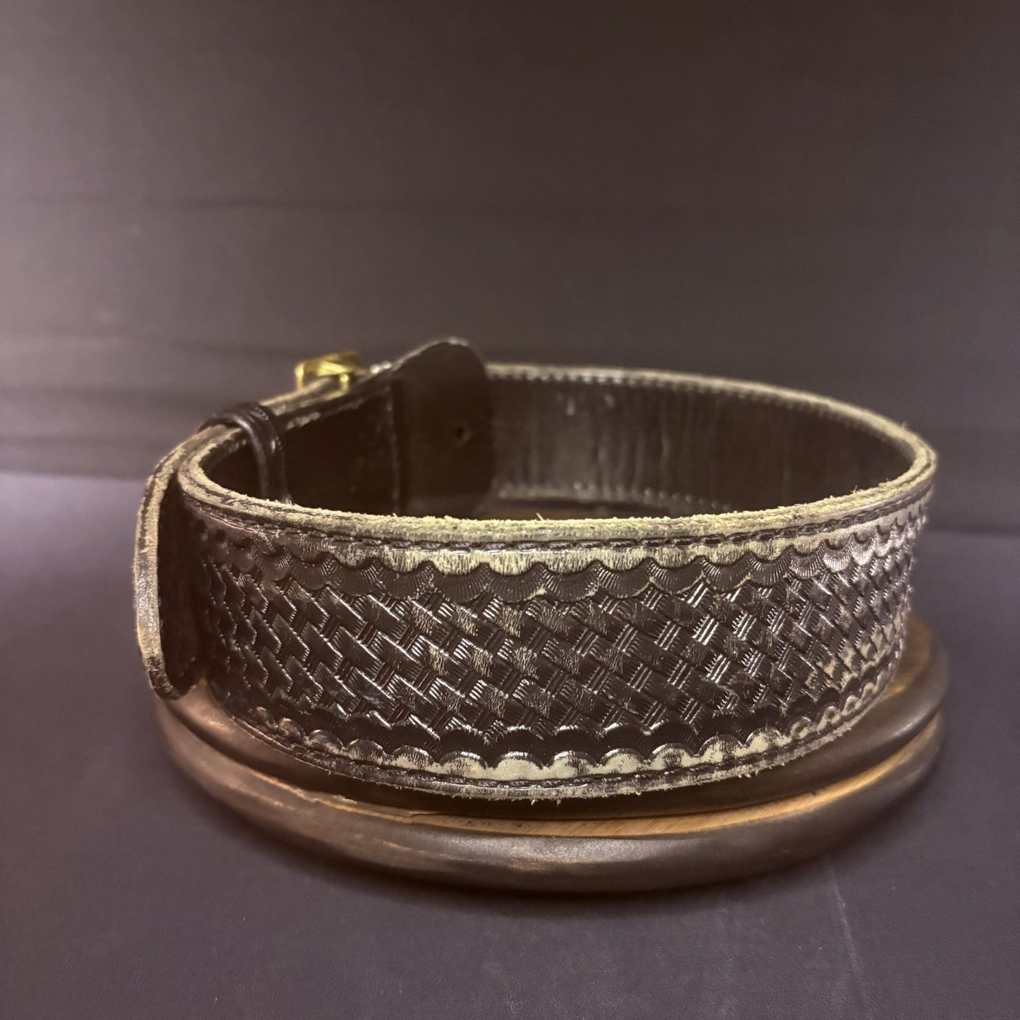 JS Leather Sam Browne Duty Belt Size 28" Black Basket Weave Leather Brass Buckle4