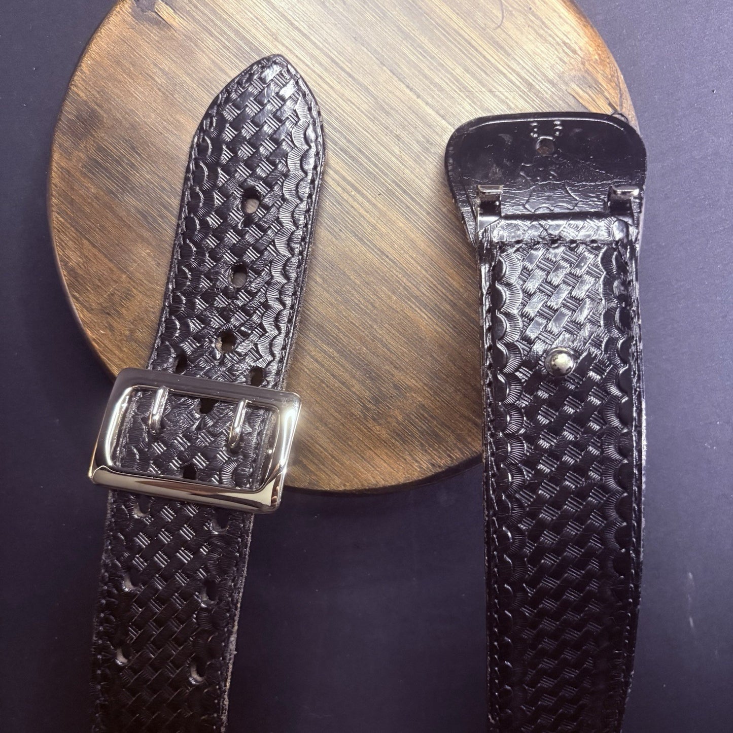 JS Leather Duty Belt Size 36" Black Basket Weave Chrome Brass Buckle Sam Browne2
