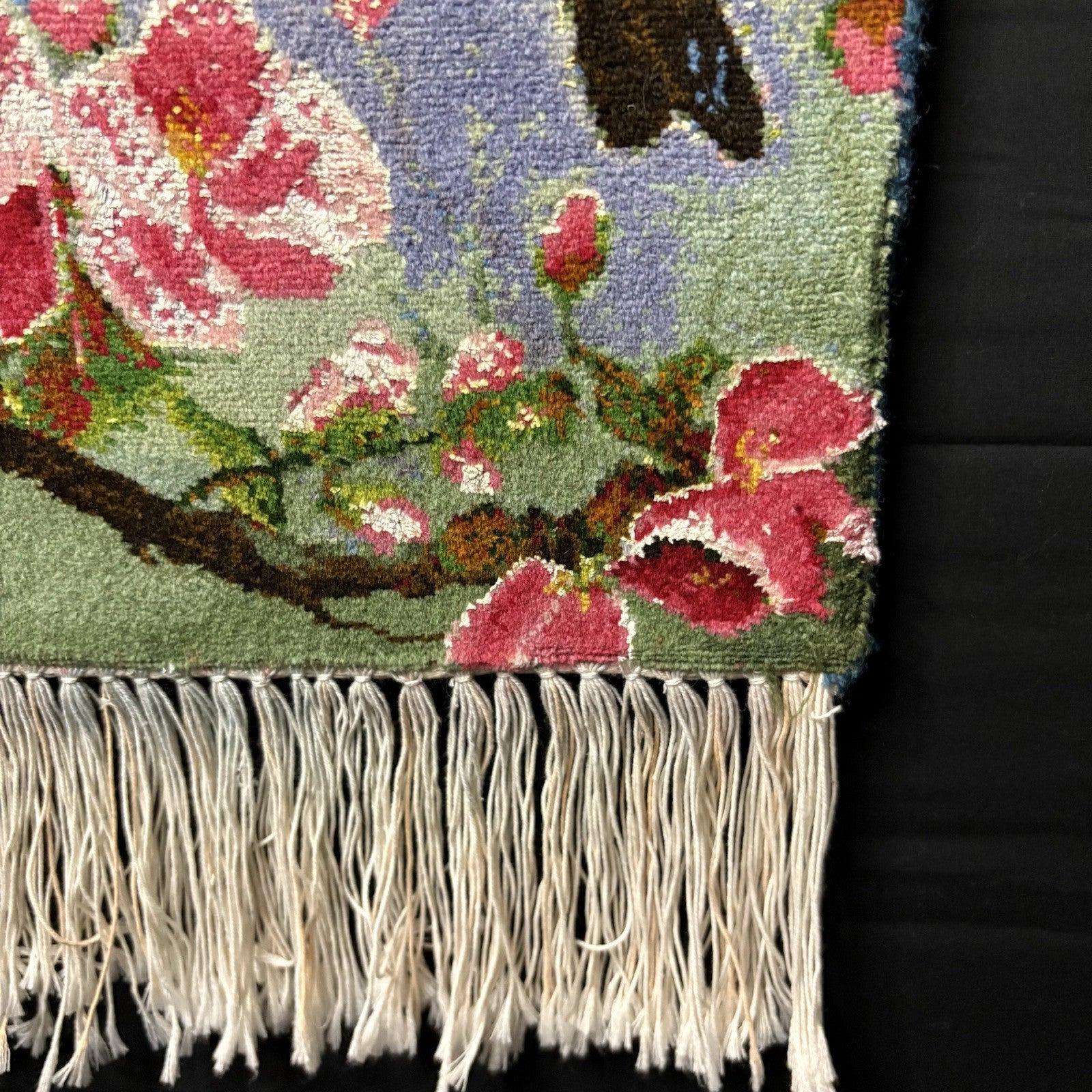 Per’sian Pictorial Rug Hand Knotted Birds & Flowers w/Silk 21”x15” w/Rug Hangers12