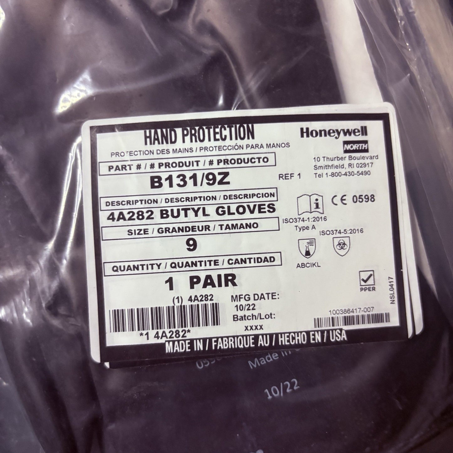 (10 Pack) Honeywell Butyl Gloves North B131/9 Chemical Resistant 13 Mil Sz 91