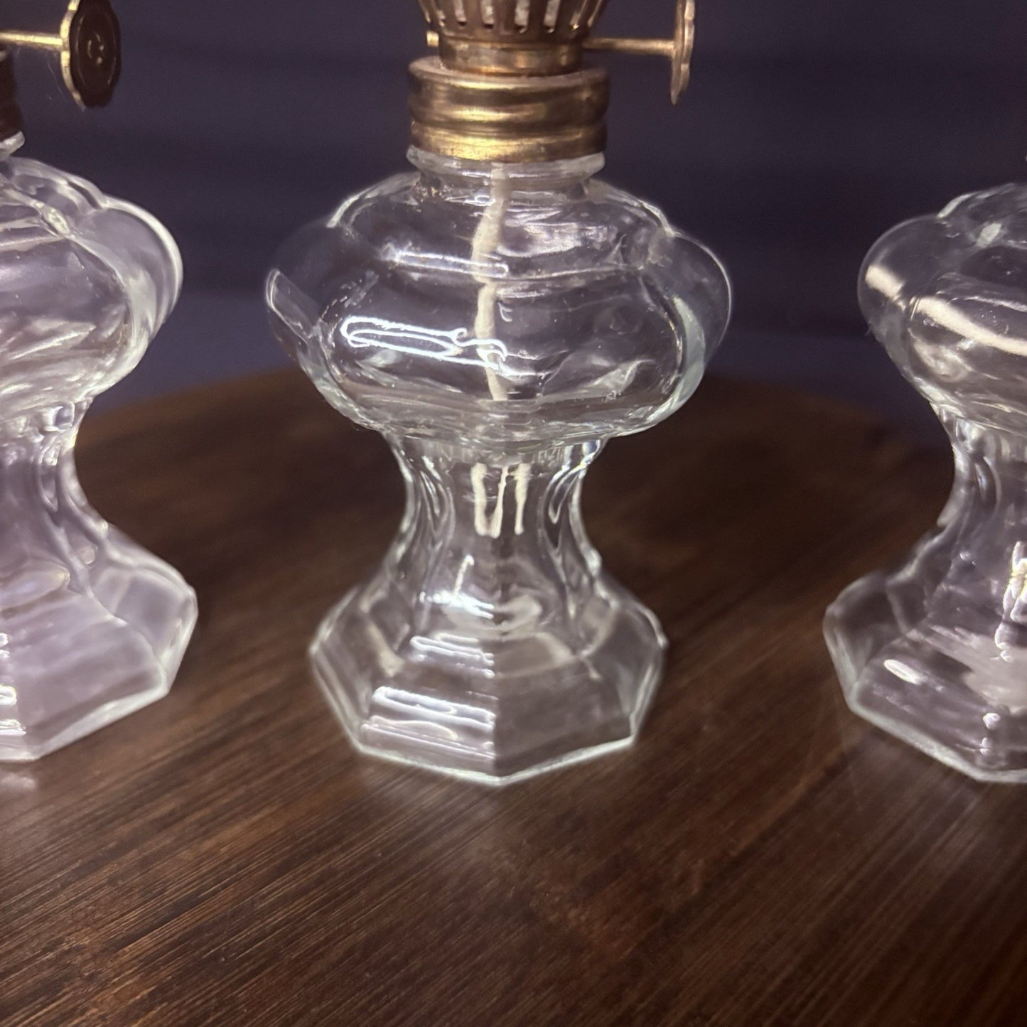 VTG 3 Miniature Hurricane Oil Lamp Set Of 3, Thick Glass Octagon Base - 6.5"20